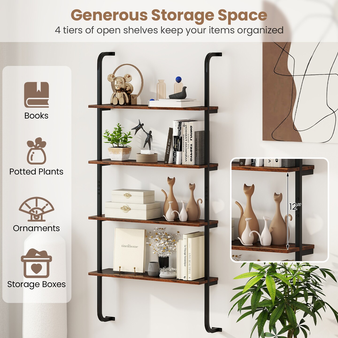 4-Tier Industrial Pipe Shelving with Metal Frame Perfect for Living Room or Kitchen