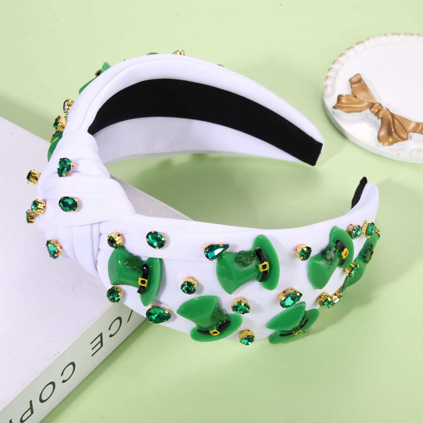 St.Patrick's Day Headband for Women Green Irish Top Hat Headband Crystal Embellished Knotted Headband Green Day Party Costume Headwear Accessories Gifts (Top Hat)