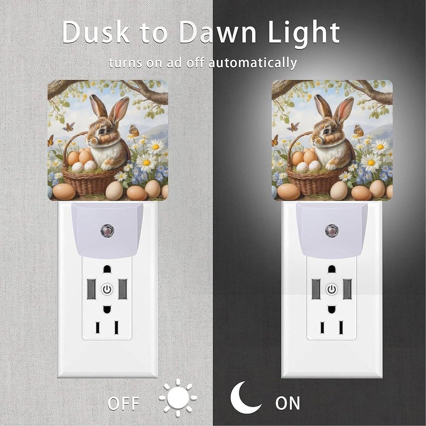 Easter Night Light Plug-in,Rabbit and Eggs Dusk to Dawn Smart Sensor Led Nightlight for Bedroom Bathroom Kitchen Hallway Stairs Energy Efficient Decor Desk Lamp