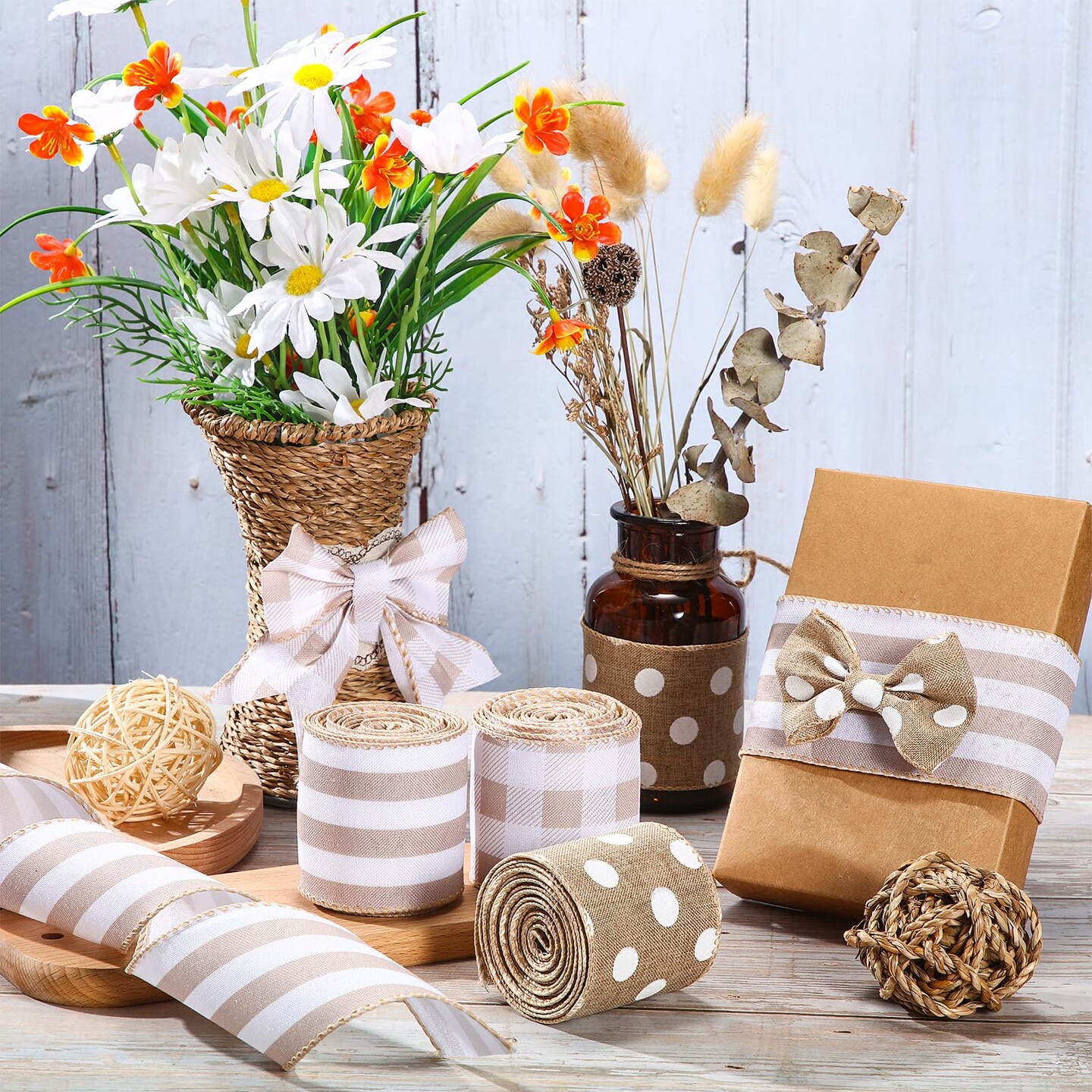 3 Rolls Burlap Wired Ribbons Plaid Wrapping Striped Gingham Grosgrain Ribbon Dot Pattern for DIY Crafts Party Home Decoration, 2.5 Inch x 15 Yards (Linen Color), (Wiaxin-Ribbon-2055)