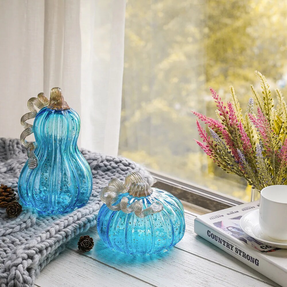 Set of 2 Blue Glass Pumpkin Fall Thanksgiving Table Decors