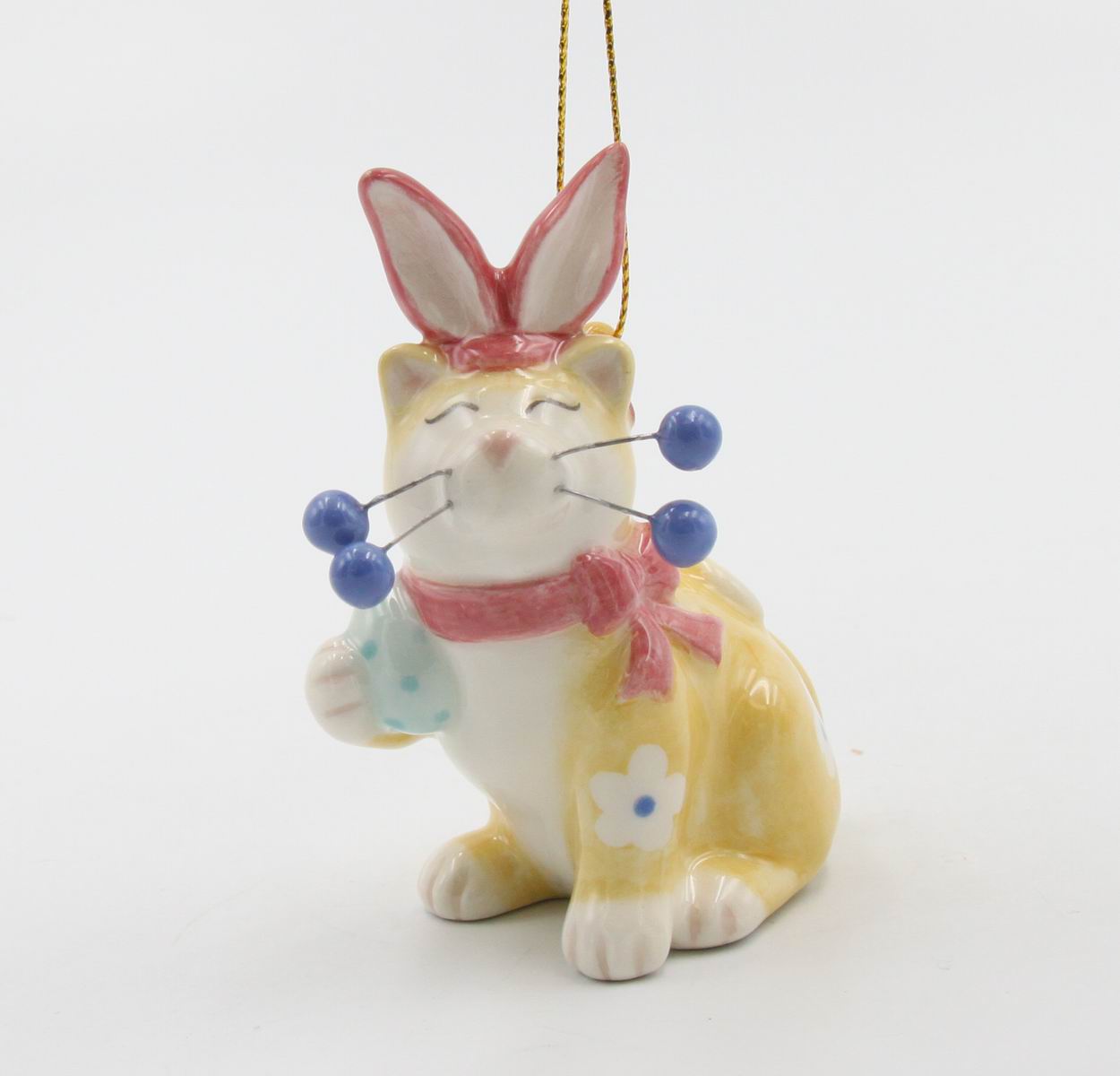 Ceramic Whiskered Cat with Easter Bunny Ears Ornament, Gift for Her, Mom, Kitchen D&#xE9;cor, Spring D&#xE9;cor, Easter D&#xE9;cor, Cat Lover Gift
