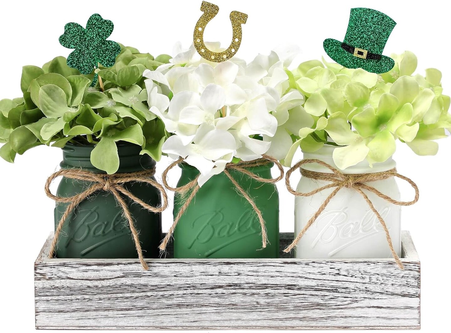 St Patrick Decorations, Green Mason Jar Centerpiece for Table with Wood Tray &#x26; Flowers Set of 3