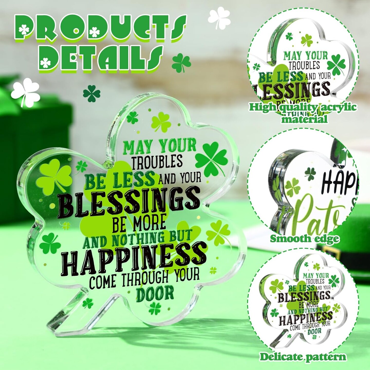 2 Pcs St Patricks Day Gifts Acrylic Shamrocks St Patricks Day Decor for Table, Office Desk, Shelf, Mantle May Your Troubles Be Less Happy Clovers Keepsake Gifts for Home Office, 4.72 x 4.72 inches