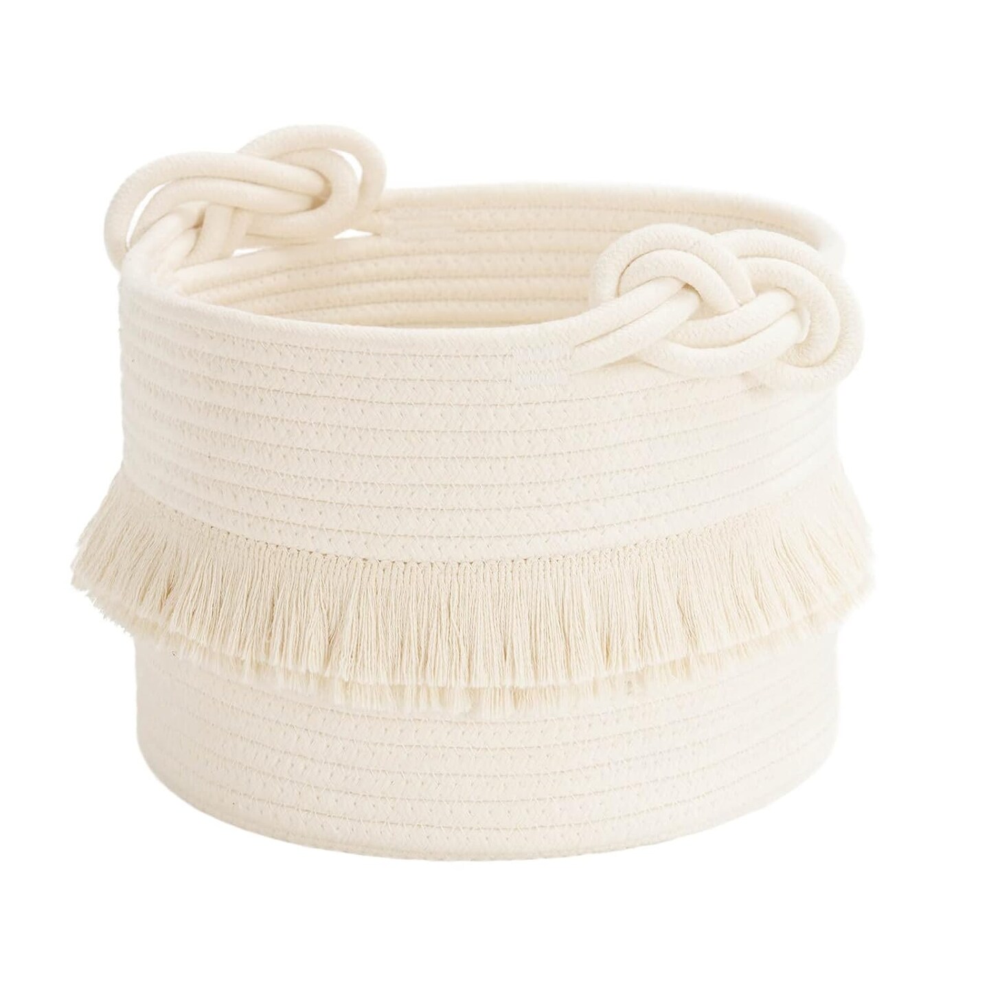 Small Woven Storage Baskets Cotton Rope Decorative Hamper for Diaper, Blankets, Magazine and Keys, Cute Tassel Nursery Decor - Home Storage Container – 9.5'' x 7'' Off-white