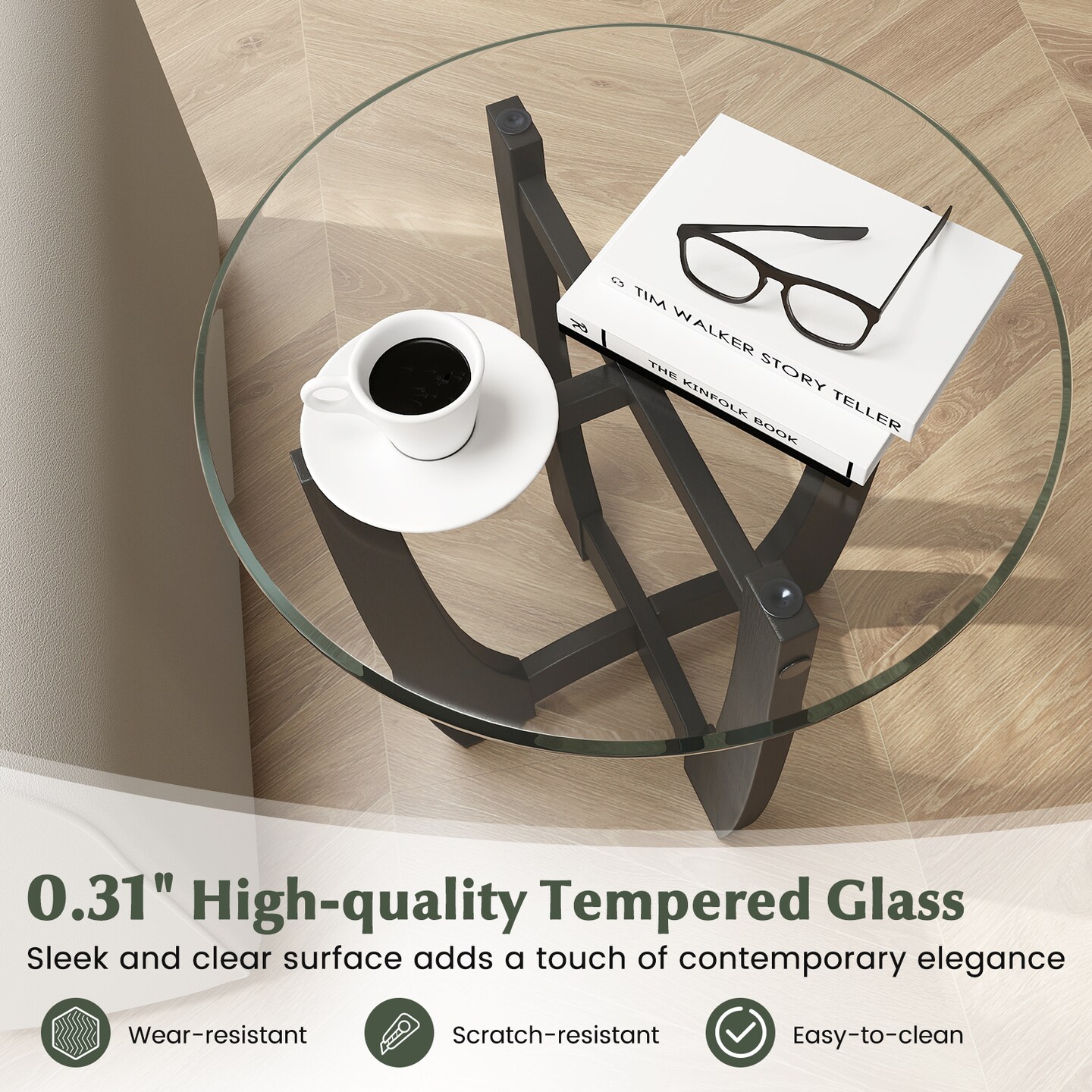 23.5 Inch Round End Side Table with Tempered Glass Tabletop for Living Room-Black