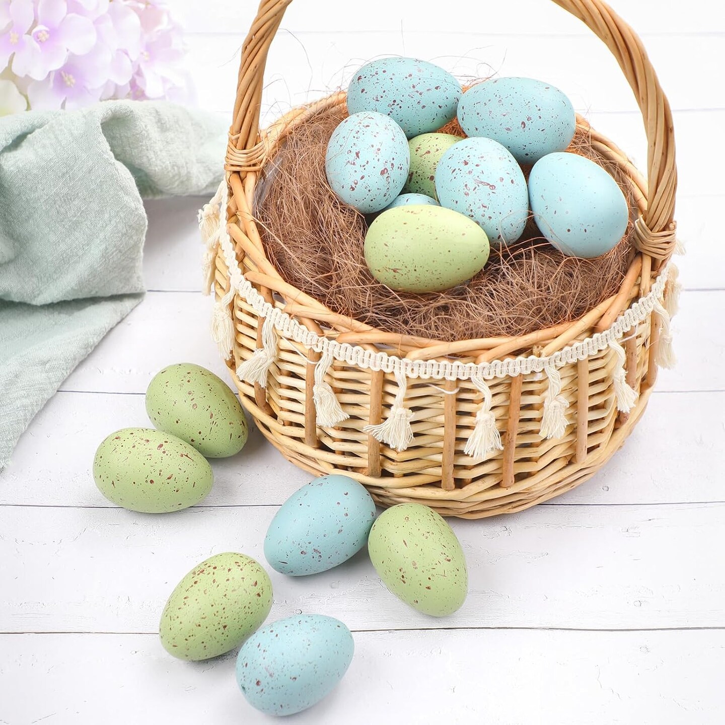 16 Pcs Pastel Easter Eggs with Chicken Nest Easter Table Centerpiece Plastic Green Blue Speckled Eggs for Spring Filler Baskets DIY Home Farmhouse Table Decoration