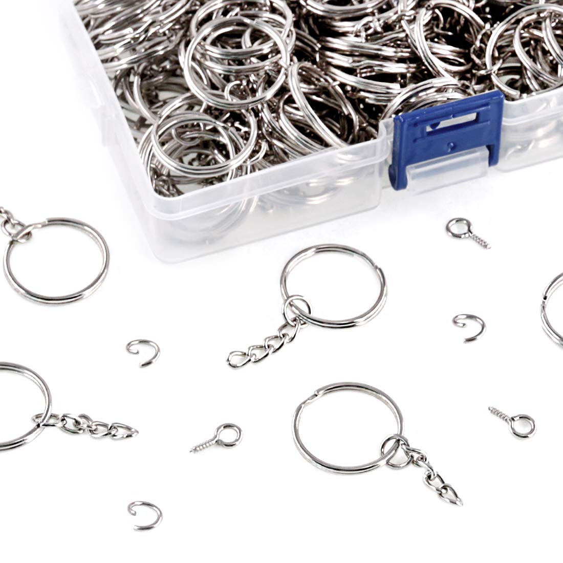 450Pcs 1&#x22; 25mm Sliver Key Chain Rings Kit, Including 150Pcs Keychain Rings with Chain and 150Pcs Jump Ring with 150Pcs Screw Eye Pins Bulk for Jewelry Findings Making (Sliver)