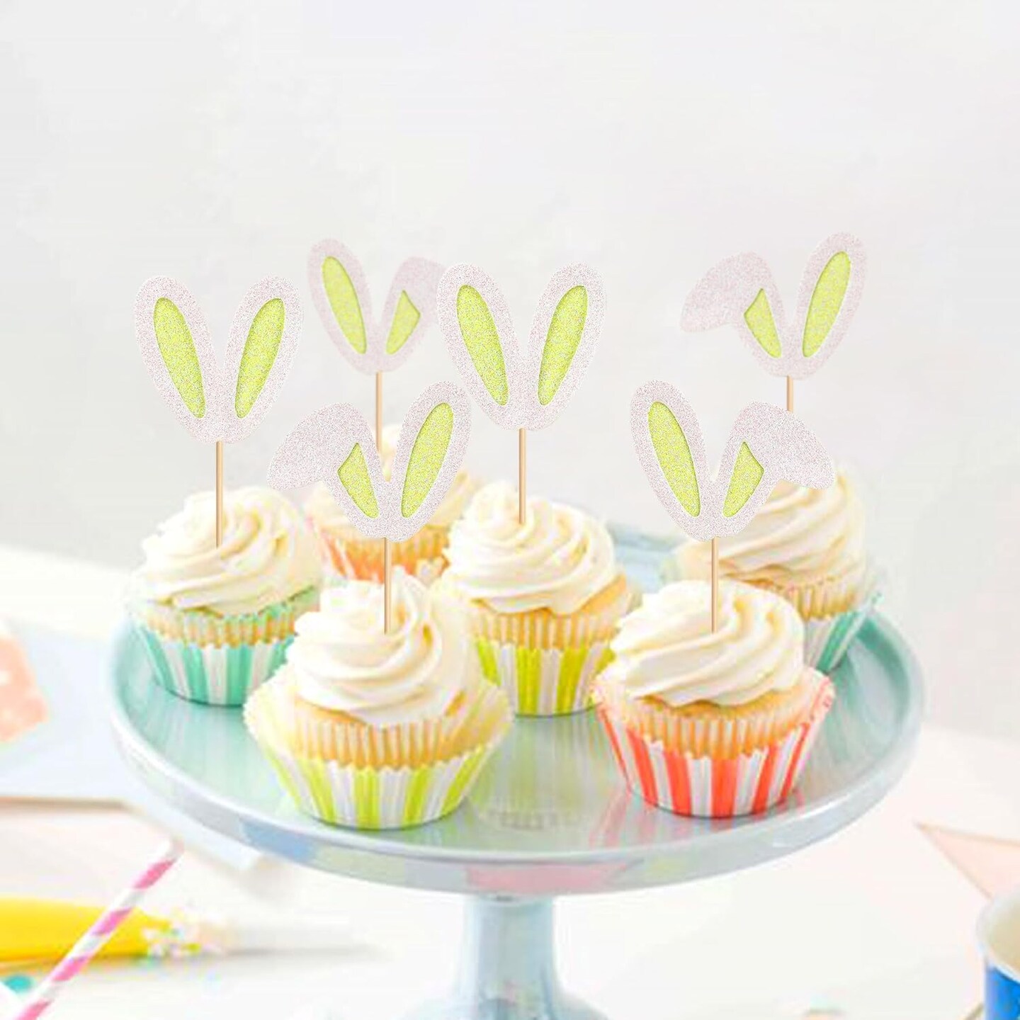 24 Pack Easter Bunny Ear Cupcake Toppers, Yellow Glitter Rabbit Ears Cupcake Picks, Easter Day Cake Toppers for Easter Theme Spring Birthday Baby Shower Party Supplies