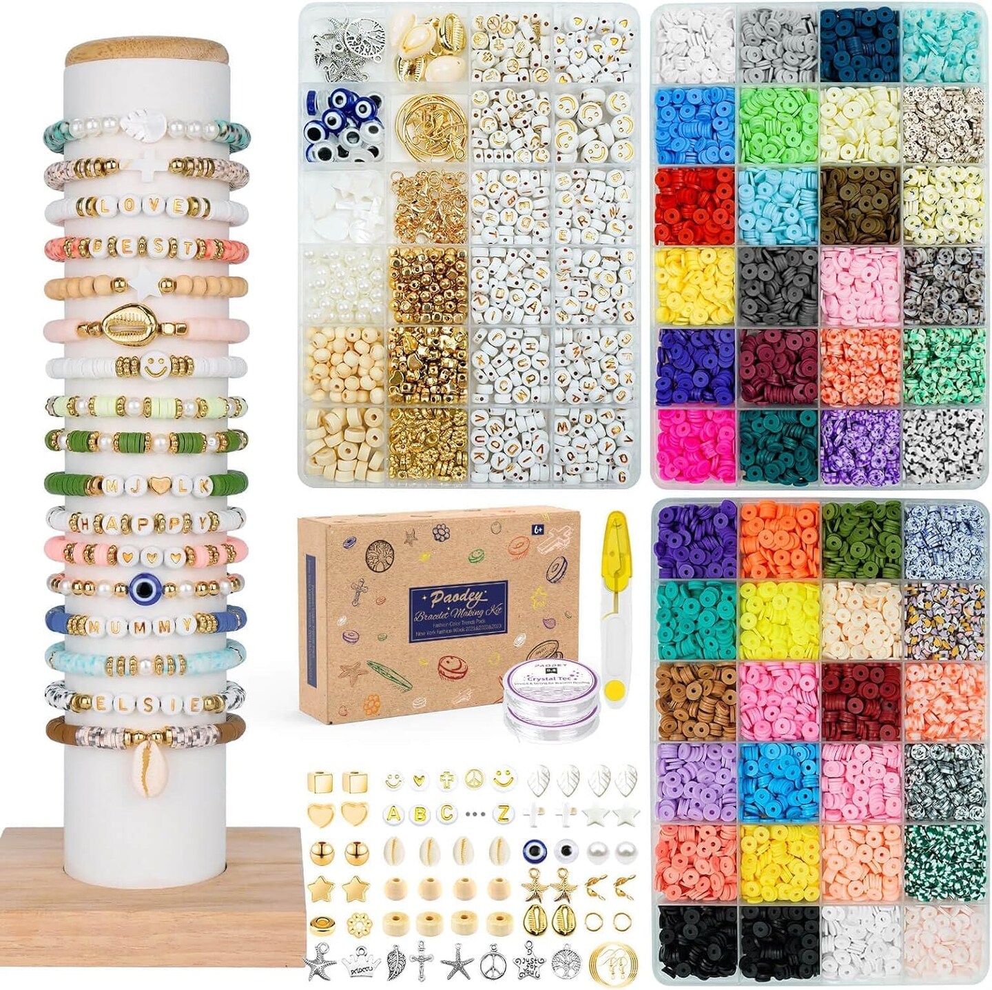 Bracelet Making Kit, 3 Boxes 48 Colors Polymer Clay Beads Set Round Letter Beads for Jewelry Making Kit Friendship Bracelets Thin Heshi Beads with Charms Strings Arts and Crafts Gift for Girls Adults