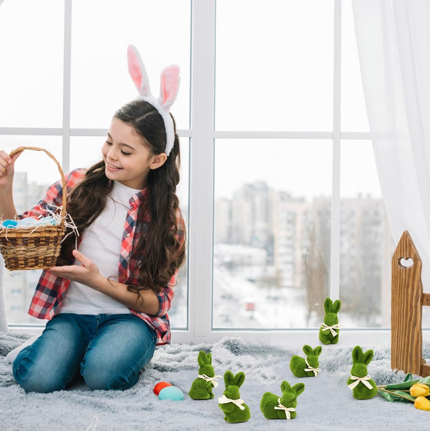 Set of 6 Moss Easter Bunnies – 5” Artificial Rabbit Figurines for Spring & Holiday Decor