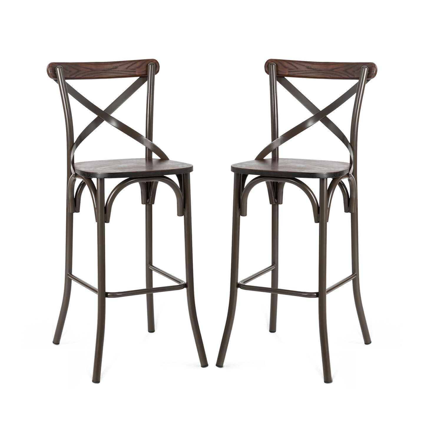 Industrial Rustic High Bar Stools With Solid Elm Wood Seat and Back Support &#x26; Bar Table With Adjustable Round