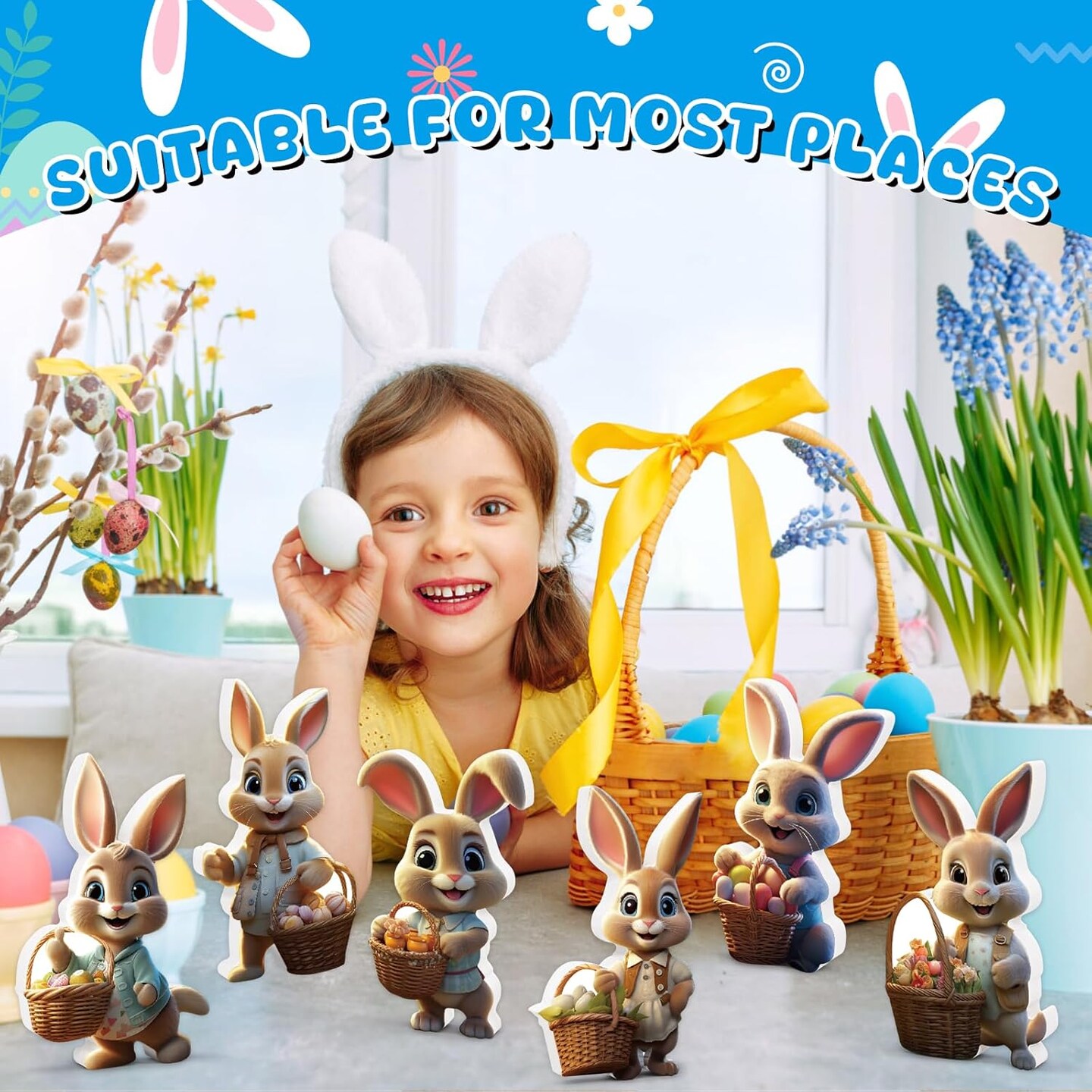 6 PCS Easter Bunny Decorations Indoor, Easter Bunny Wooden Signs, Table Centerpieces Easter Rabbit with Basket Egg