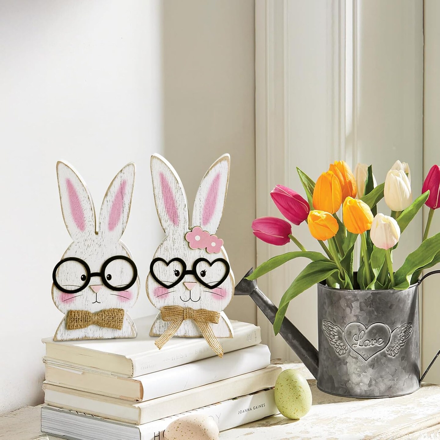 Rustic Wooden Bunny Couple Easter Decorations – Farmhouse Happy Easter Table Centerpiece, White Rabbit with Glasses, Home & Office Decor, Cute Easter Gift