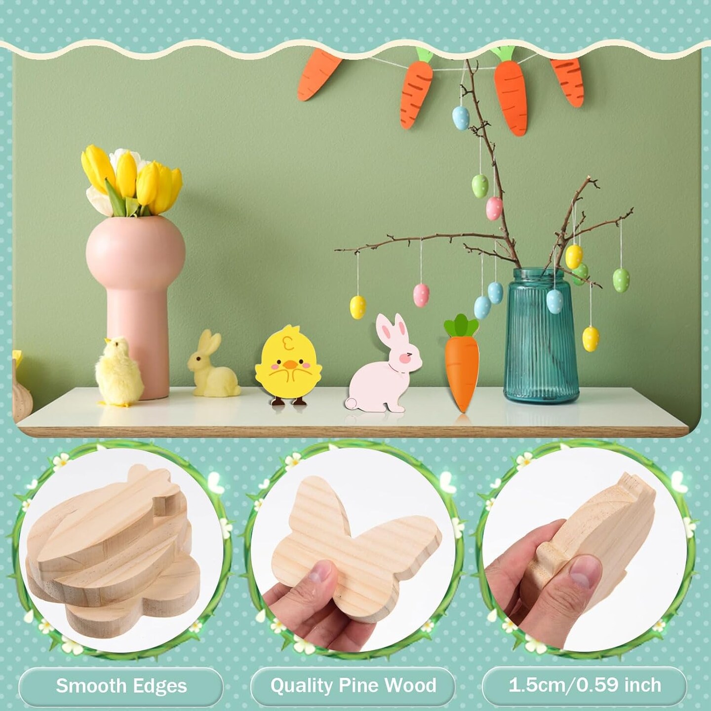 12 Pcs Easter Wooden Cutouts Unfinished Easter Shaped Table Sign Easter Standing Wooden Centerpieces Unpainted Easter Wood Blocks for DIY Crafts School Art Projects Easter Spring Decor,6 Style