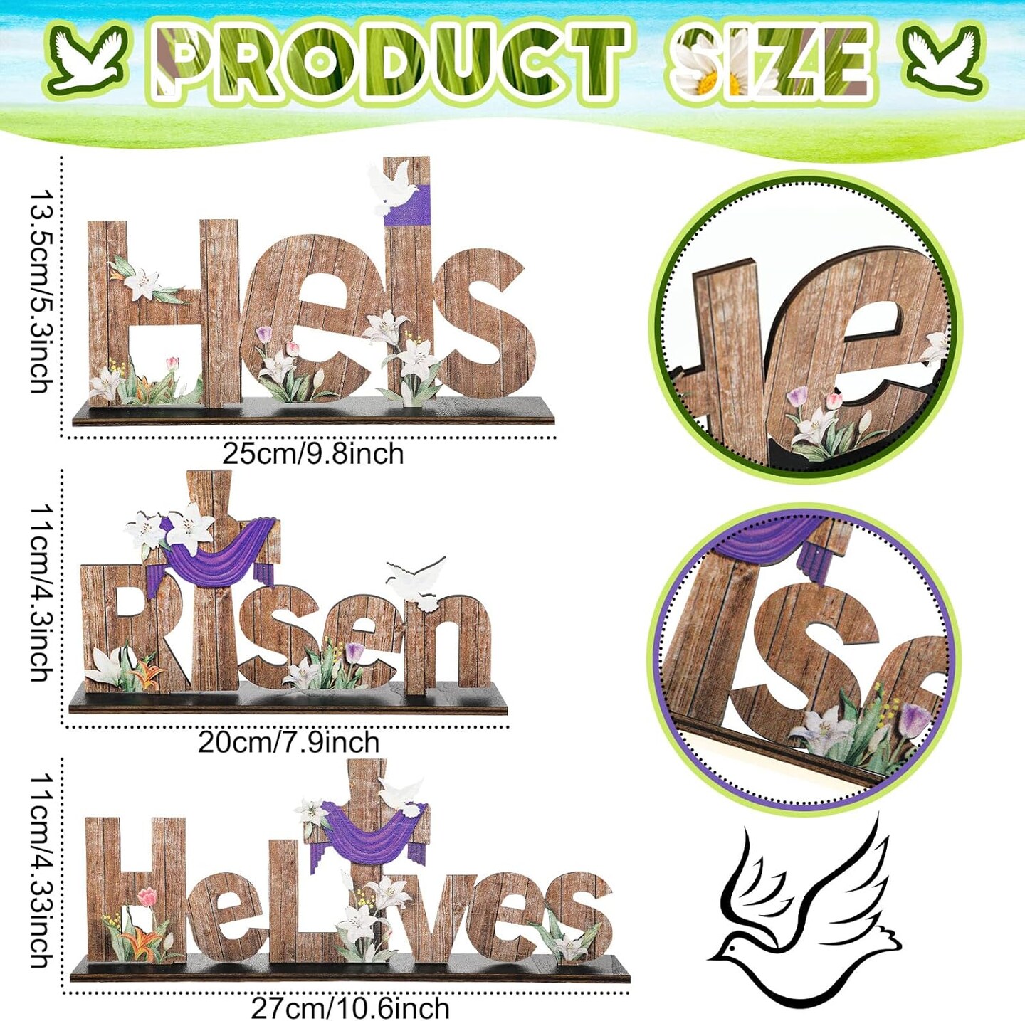 3 Pcs Easter Table Decor He is Risen Tabletop Decorations He Lives Wooden Signs Religious Jesus Cross Rustic Table Centerpiece for Easter Party Home Dinner Spring Decor