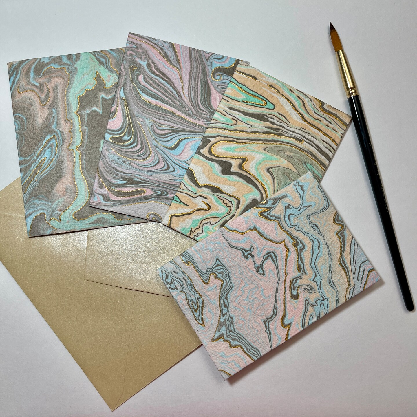 虞美人草サムサラ 6.6.5夏のグリーティング記念印付きポストカード【押印機1】 ORIGINAL marbled postcard, Abstract greeting card in gold