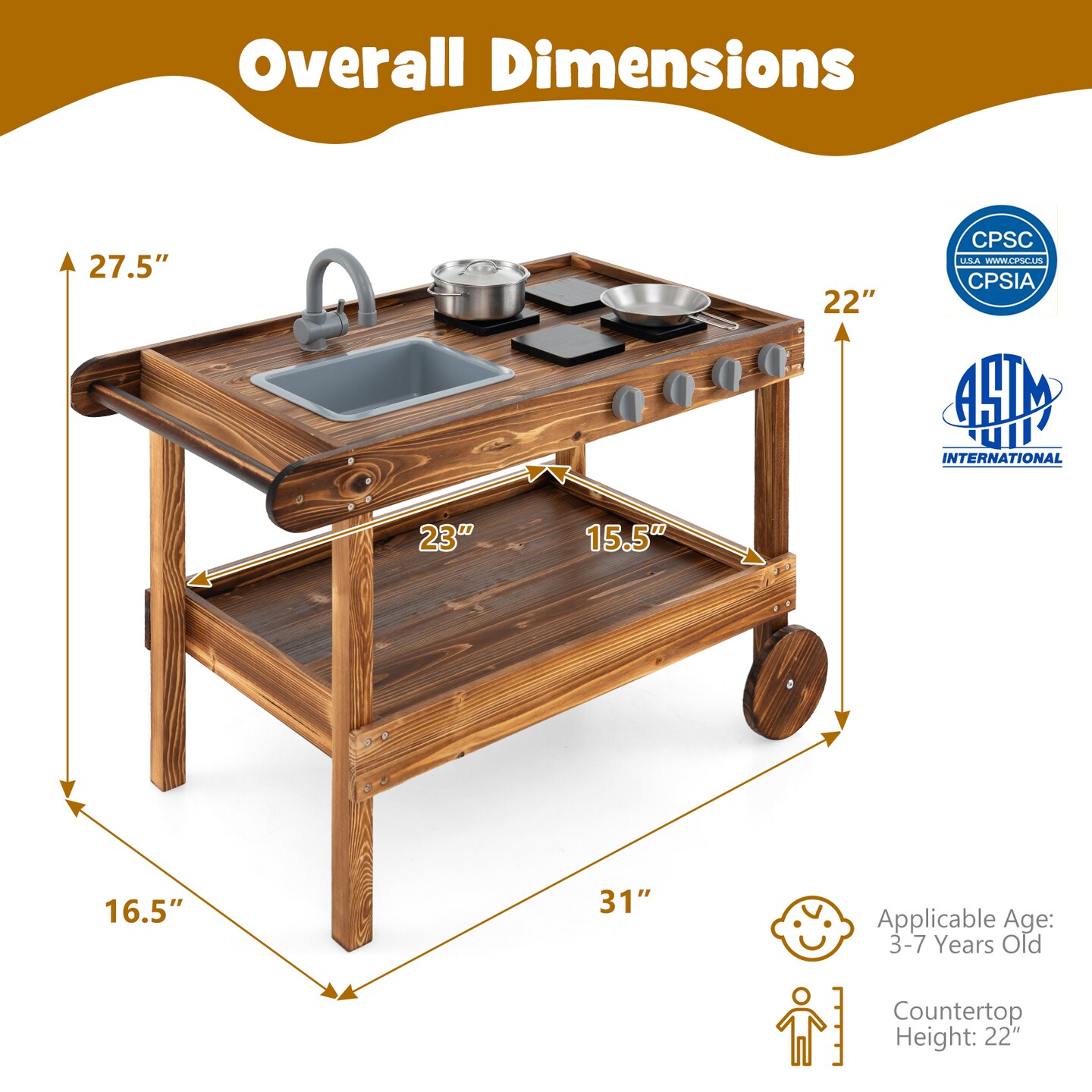 Wooden Outdoor Movable Mud Kitchen with 2 Rolling Wheels and Push Handle