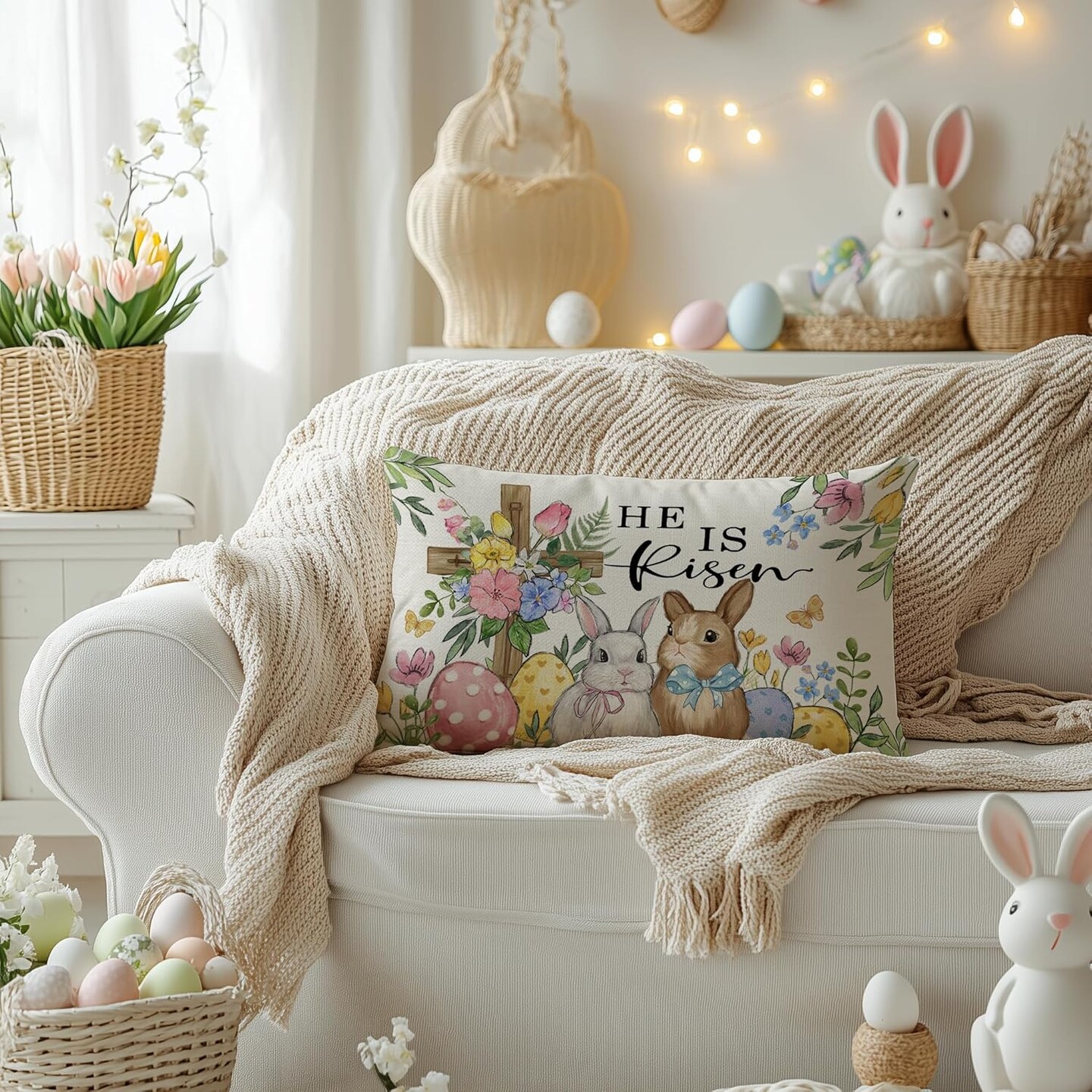 Easter Pillow Cover 12x20 Inch Cross Bunny Eggs Floral Decorative Pillow Case
