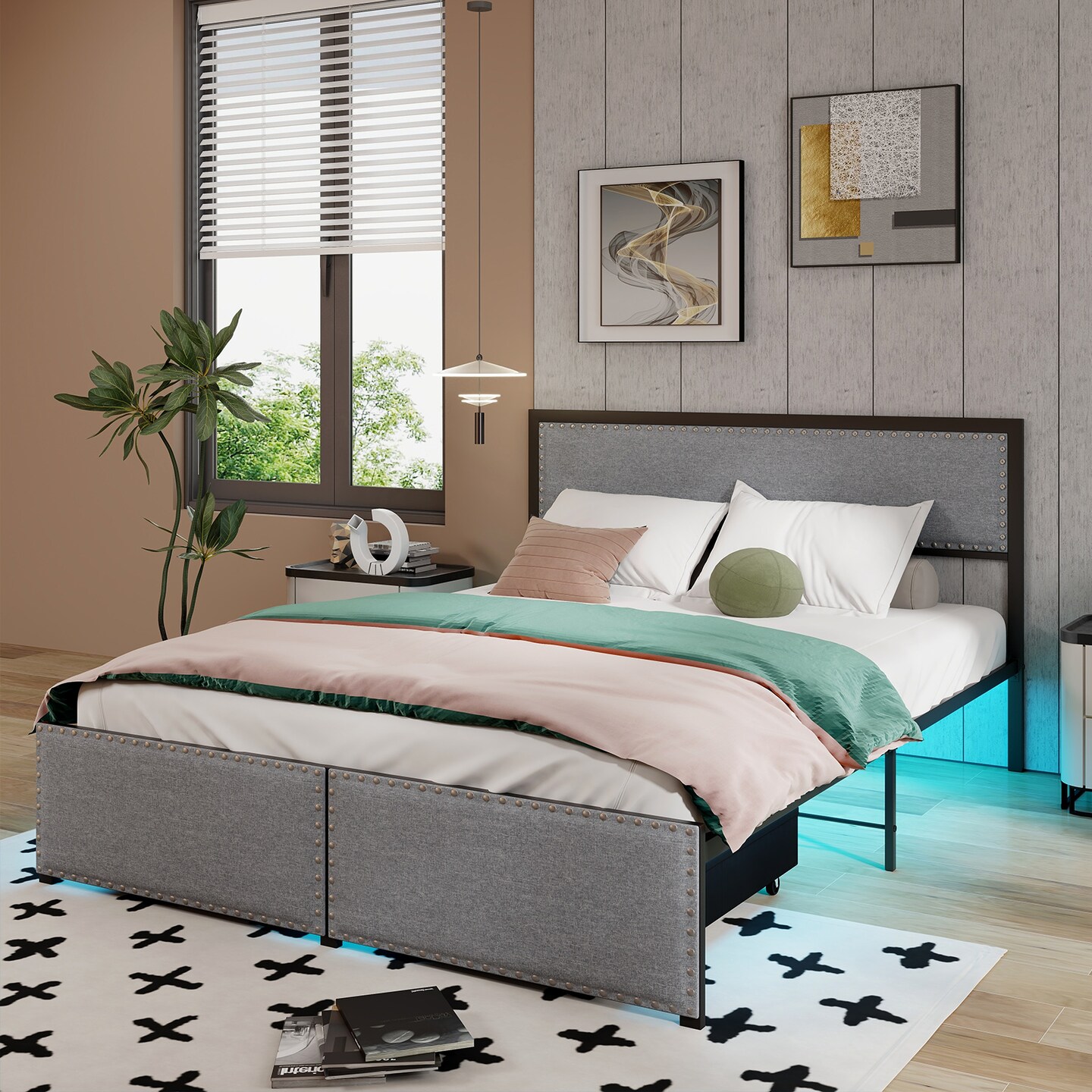 Grey Metal Slats Platform Bed Frame with LED Lights and Drawer