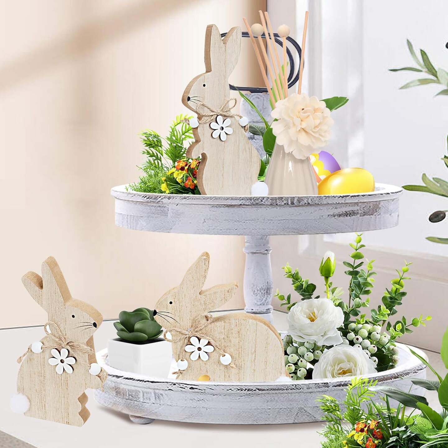 Easter Bunny Table Wooden Sign Decorations for Home, 3 Pieces Farmhouse Rabbit with Pompom Ball