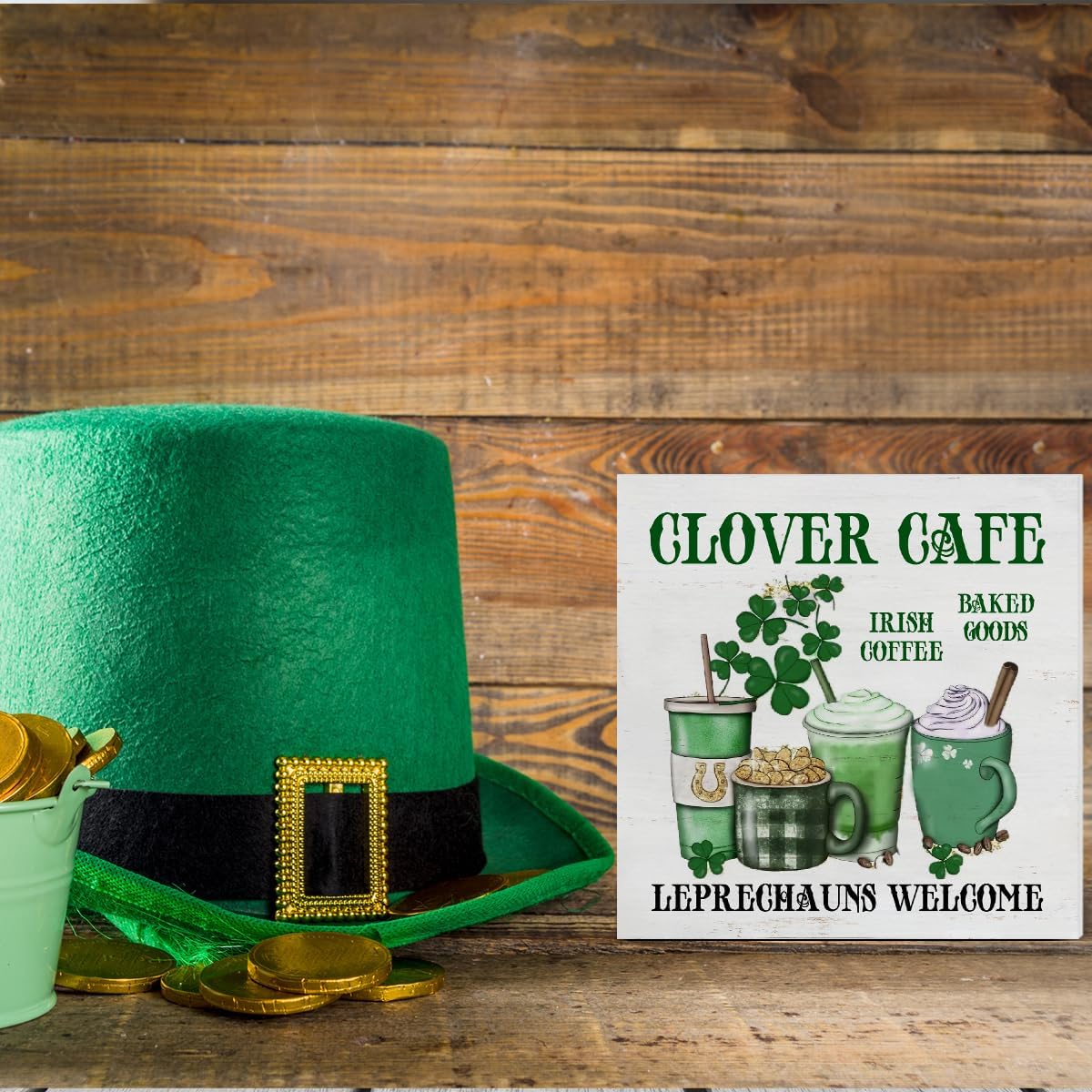 Coffee Decor, St. Patricks Day Decor Clover Cafe Wooden Sign St Patricks Day Decorations Home Kitchen Decor for Desk Table Shelf 5 x 5 Inches, Irish Coffee Decor