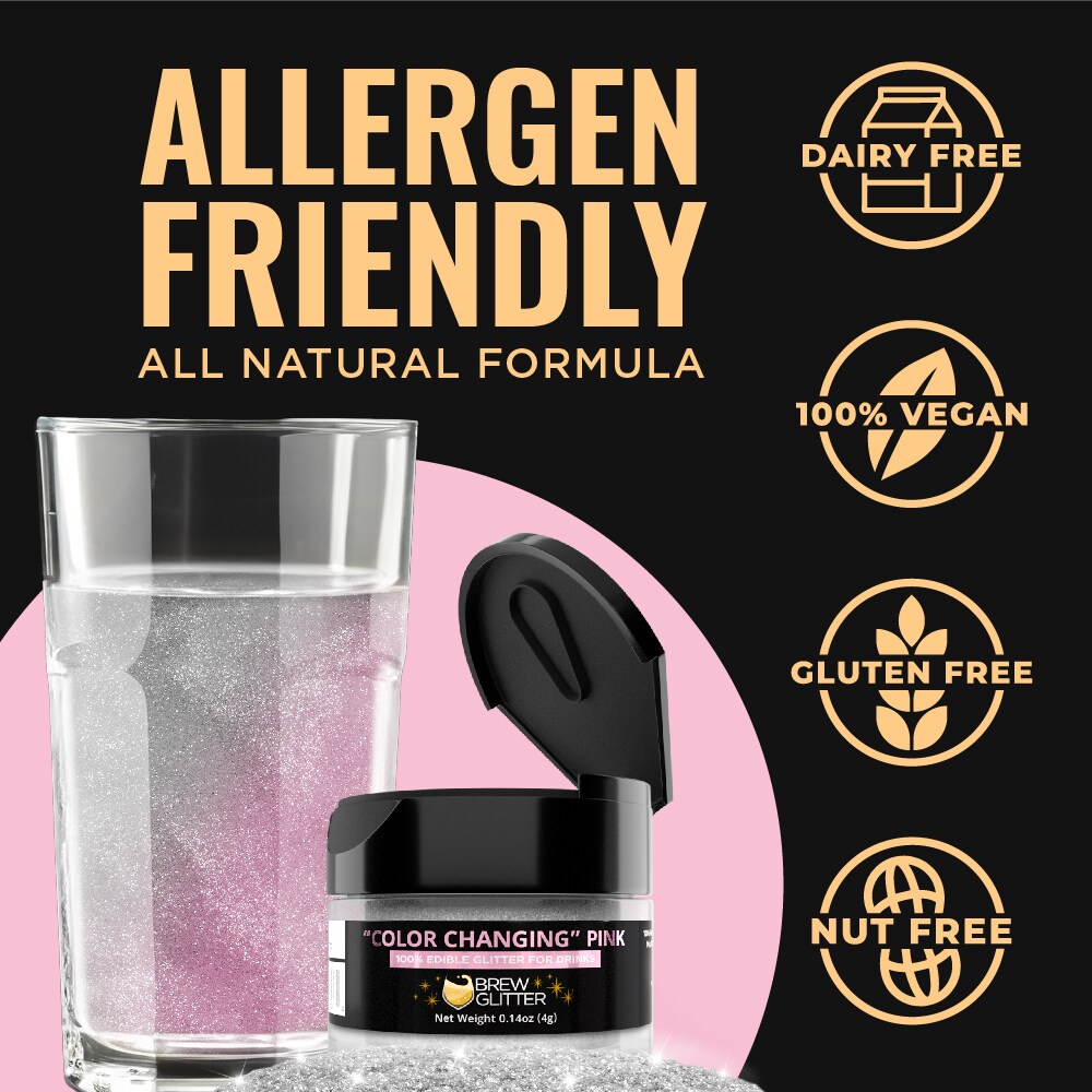 Brew Glitter - Pink Color Changing Edible Drink Glitter (4g, x1 Flip-Cap Jar) for Beer, Cocktails and Beverages