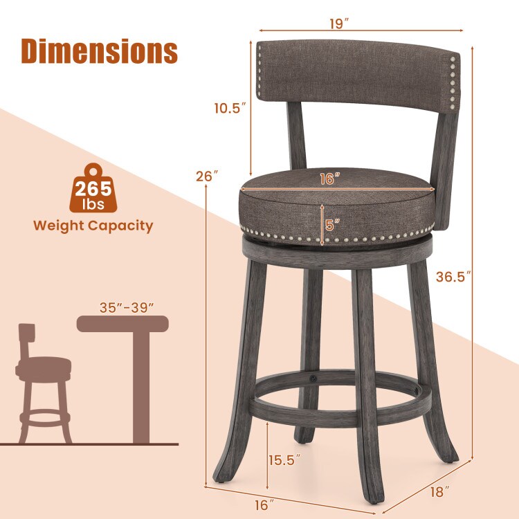 Fabric 360&#xB0; Swivel Counter Height Chairs Set of 2 with Rubber Wood Frame