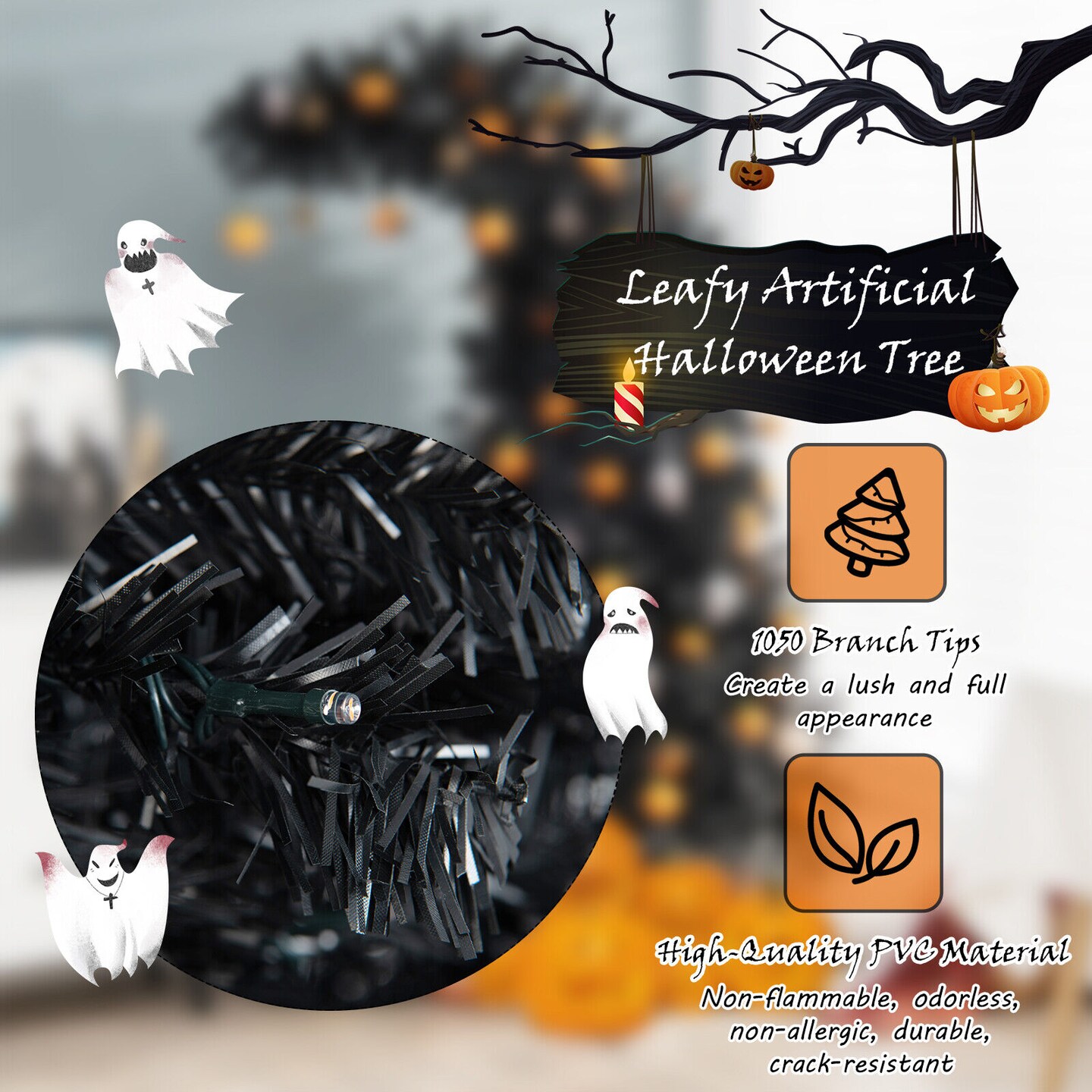 7 Feet Pre-Lit Black Halloween Tree with 400 LED Lights 1050 Tips Hinged Branches and Metal Base