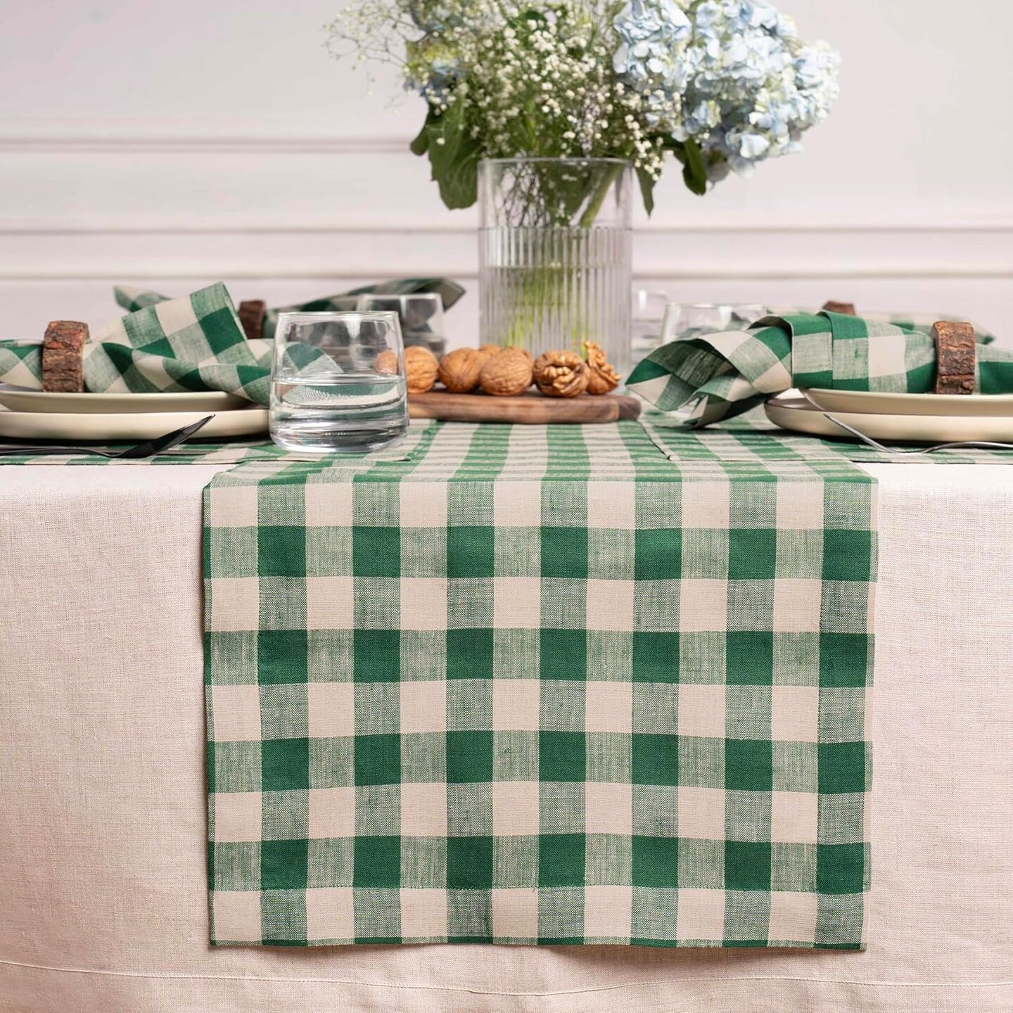 Checkered Linen Table Runner 36 inch - 100% Pure Linen Green and Natural Plaid Table Runner 14 x 36 Inch Ideal for Dresser and Coffee Tables - Morgan Check