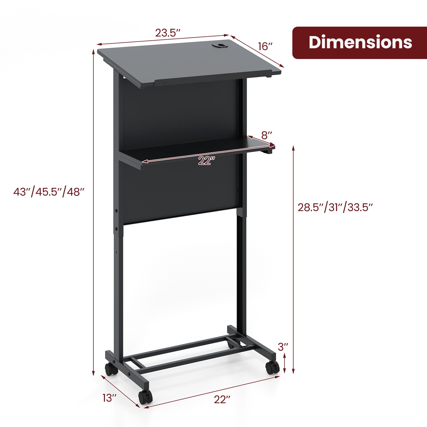3-Position Black Height Adjustable Lectern Table with Tilted Tabletop and Built-In Cable Hole