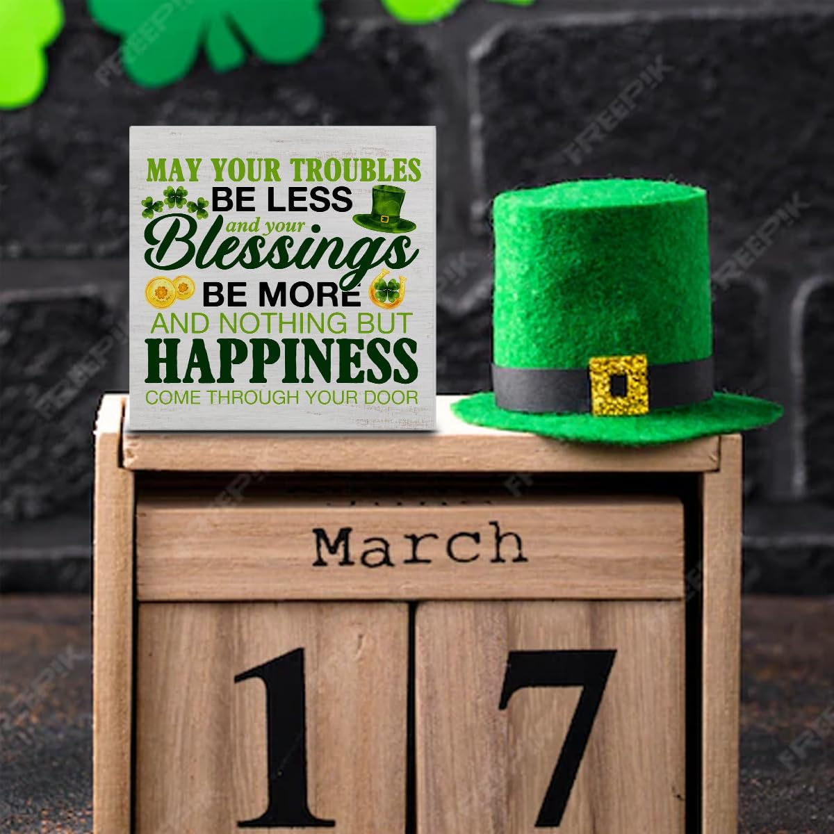 St. Patricks Day Decor, Rustic Irish Blessings Decor May Your Troubles Be Less Wood Block Sign Home Tabletop Shelf Desk Decor, St Patricks Day Decorations, 5 X 5 Inches