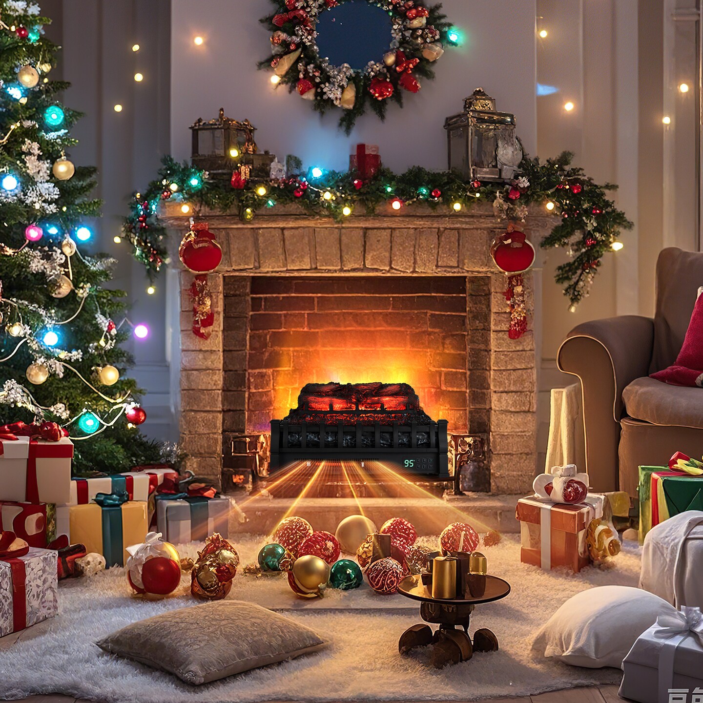 23 Inch Black Infrared Quartz Electric Fireplace Pinewood Log Heater with Adjustable Flame
