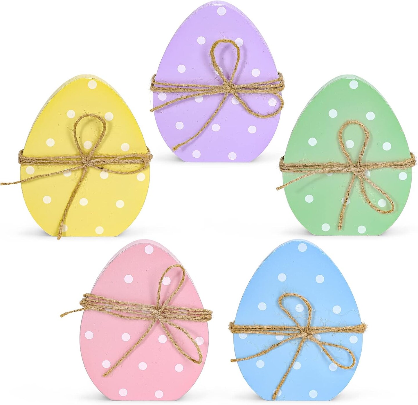 5Pcs Easter Egg Wooden Table Decor Polka Dots Egg Table Centerpieces Cute Spring Easter Standing Egg Wood Signs Easter Tiered Tray Tabletop Decoration with Rope for Home Party Decor