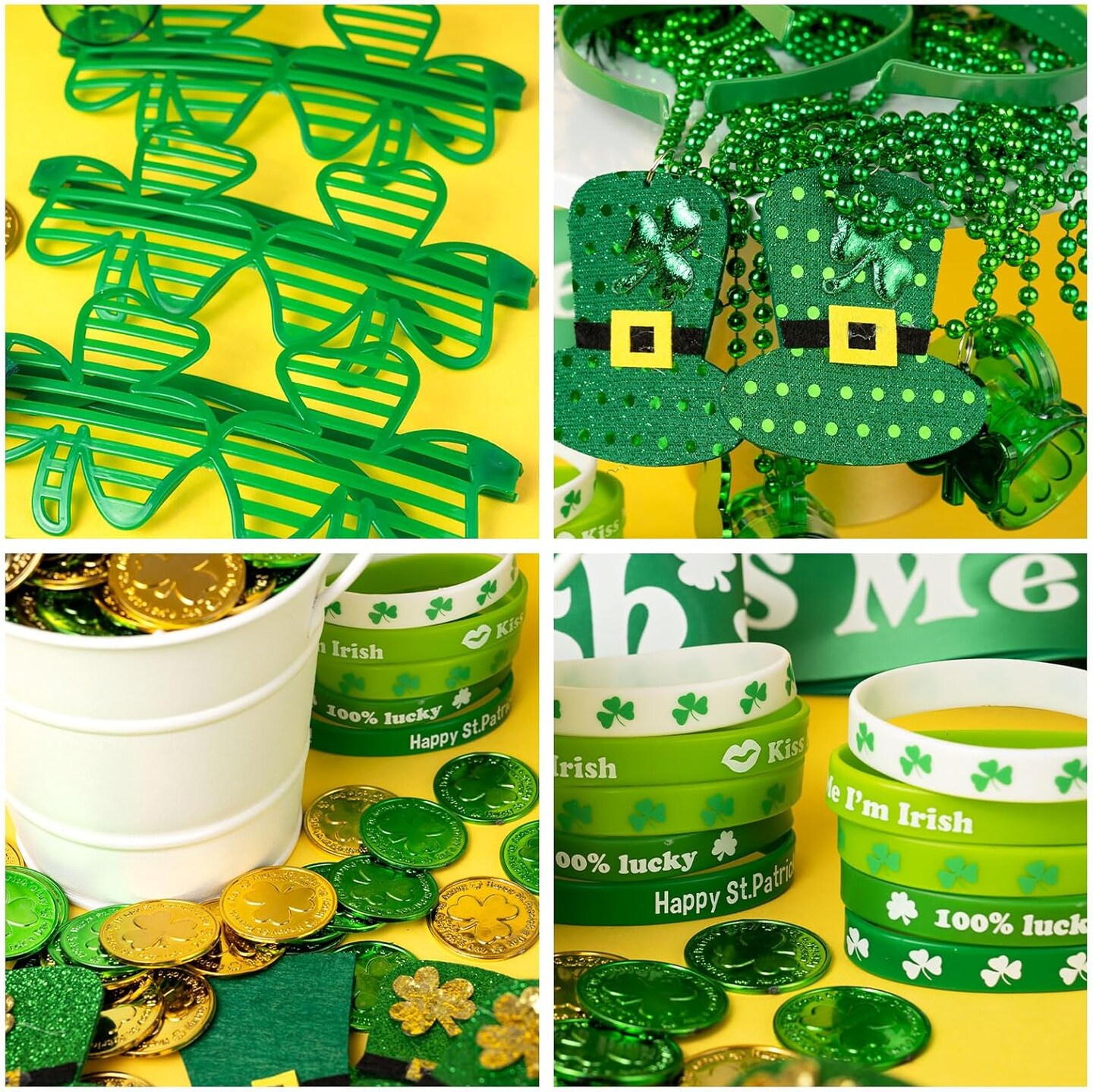 180Pcs St. Patrick&#x27;s Day Accessories Party Favor Set, Tattoo Stickers, Necklaces, Bracelets, Shamrock Glasses, Headbands, Mustaches, Coins and Kiss Me I&#x27;m Irish Sash for Irish Party Supplies