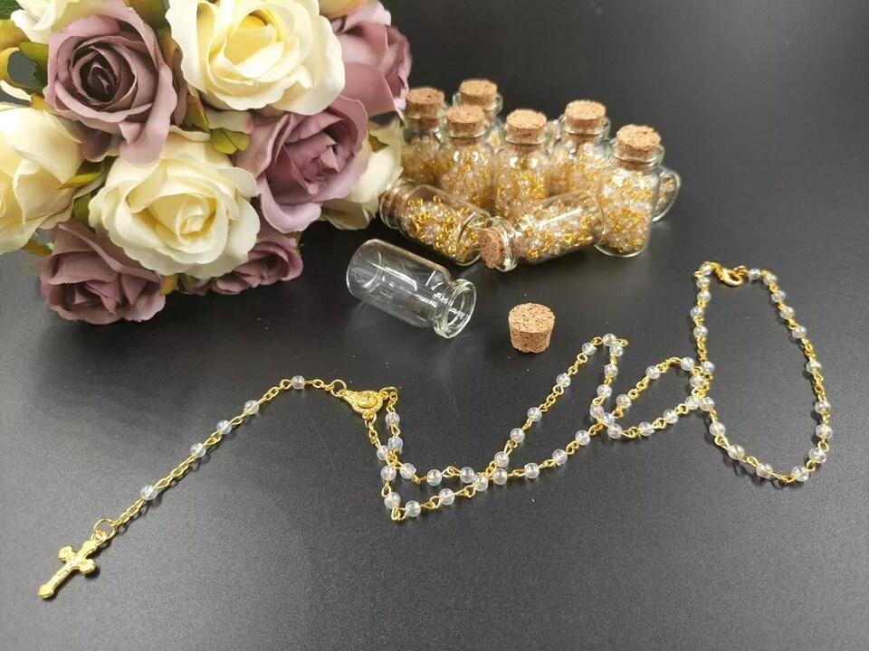 12 Gold Clear Rosary Crucifix Wishing Bottle Baby Shower Baptism Party Favor