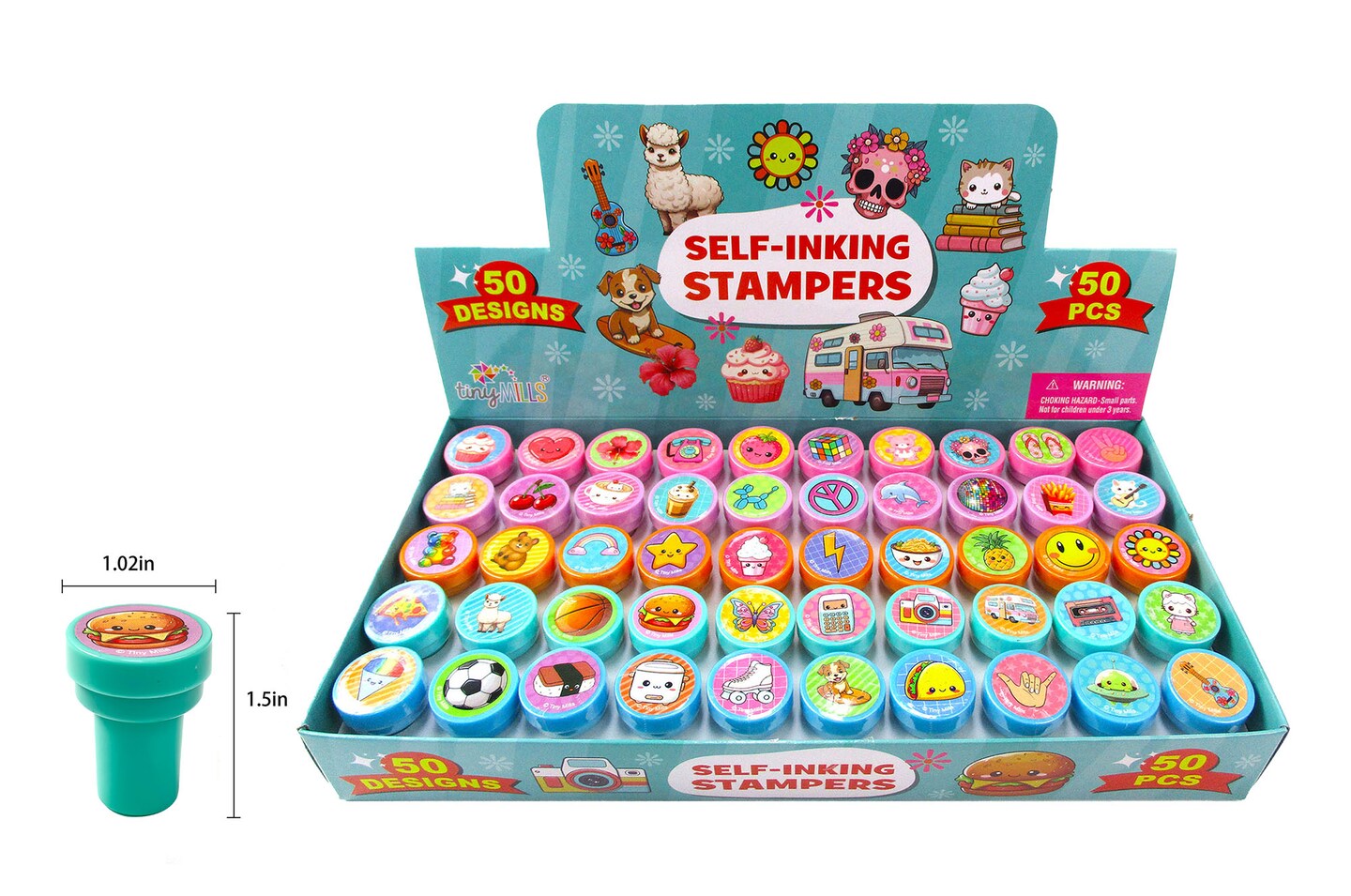TINYMILLS 50 Pcs Assorted Kawaii Cute Stamps for Kids - Trendy Self-Ink Stamps for Birthday Party, Carnival, School &#x26; Rewards