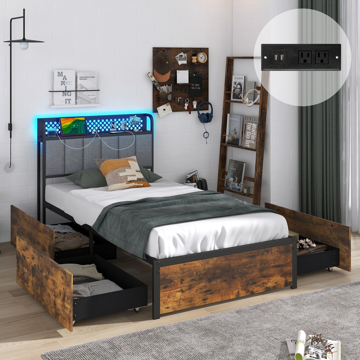 Twin/Full/Queen Bed Frame with LED Lights Upholstered Headboard and 4 Storage Drawers-Twin size