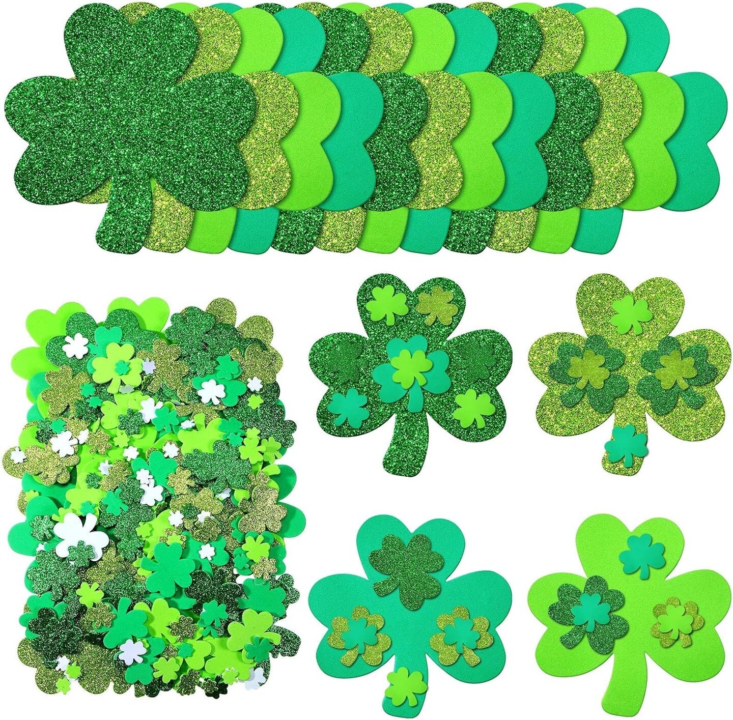 224 Pieces St. Patrick's Day Craft Supplies Glitter Foam Shamrock Stickers Self-Adhesive Green Lucky Irish Decals