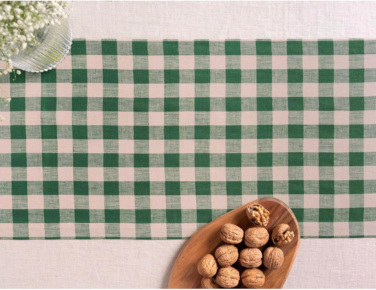 Checkered Linen Table Runner 36 inch - 100% Pure Linen Green and Natural Plaid Table Runner 14 x 36 Inch Ideal for Dresser and Coffee Tables - Morgan Check