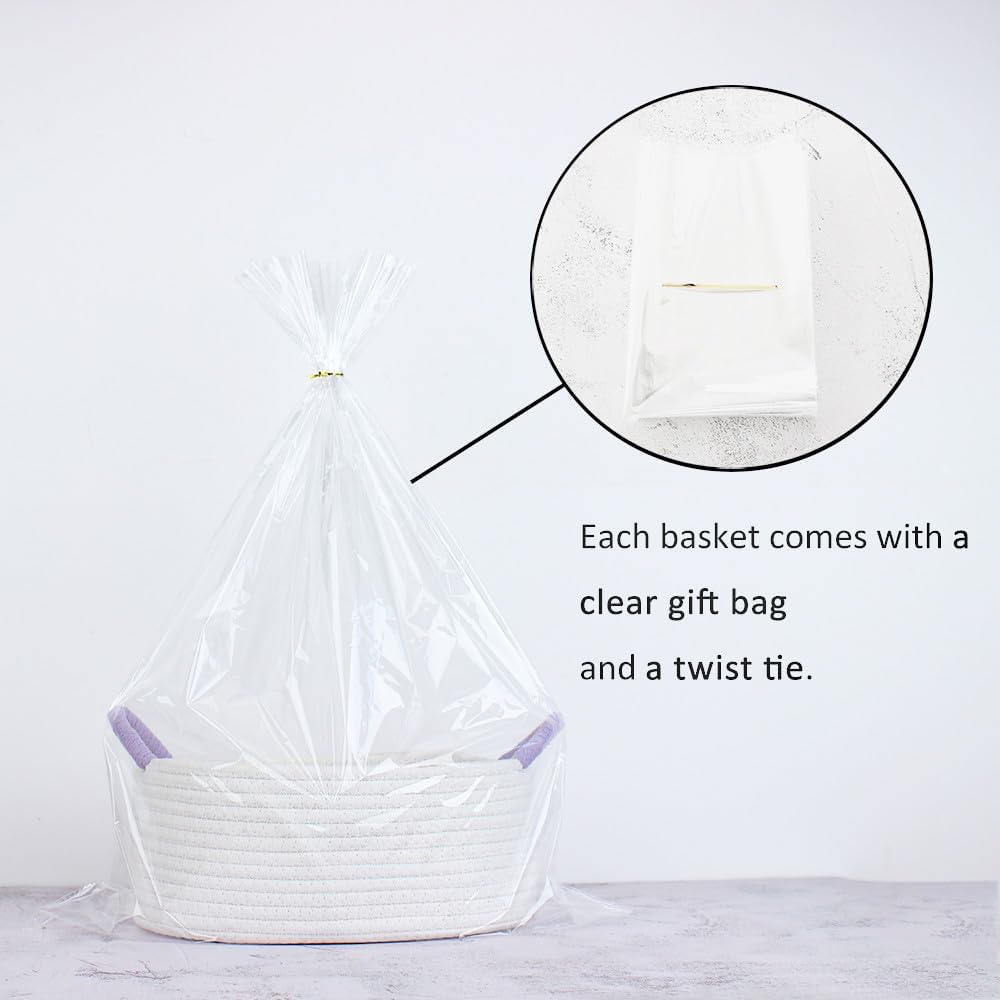 Empty Gift Baskets, Cute Woven Baskets for Storage, Small White Cotton Rope Baskets with Purple Handles for Women, Baby, Kid&#x2019;s, Pets Storage(Oval, 12&#x22;x 8&#x22;x 5&#x22;)