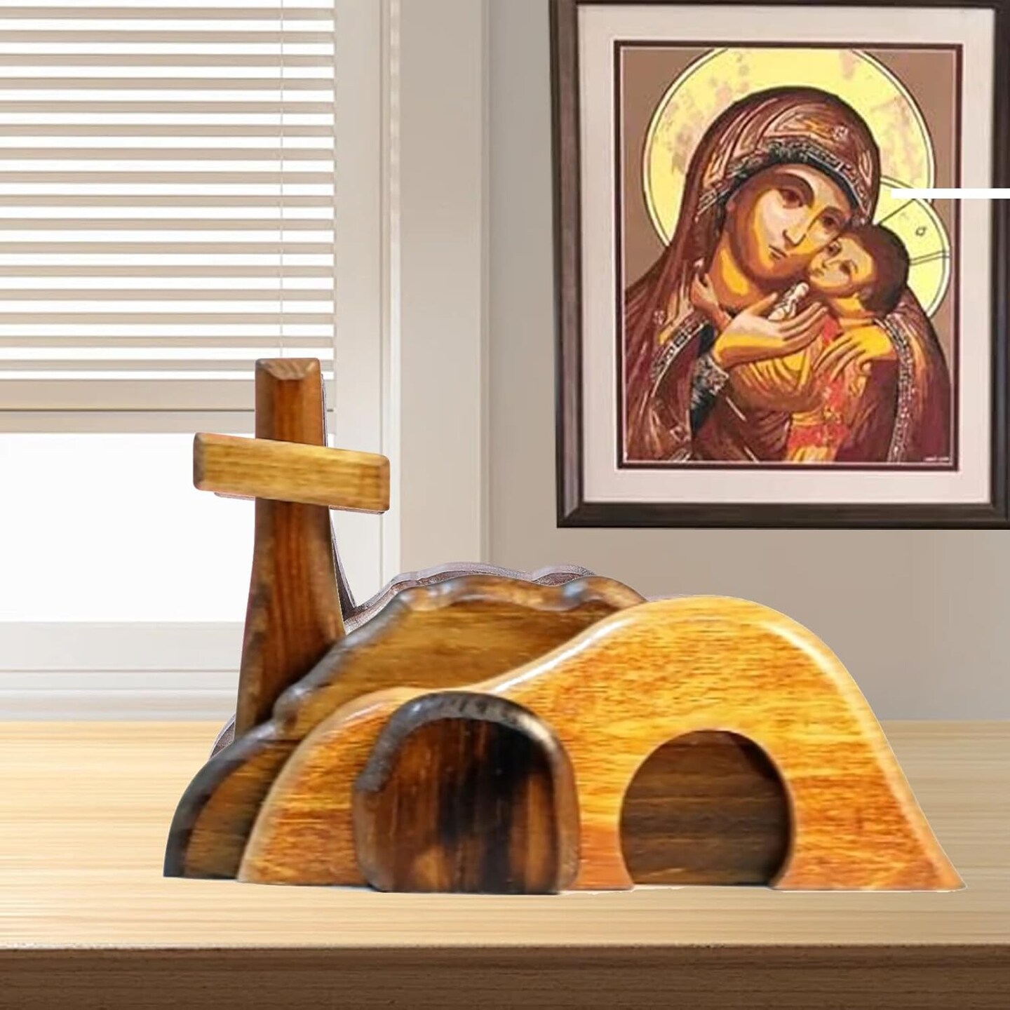 Easter Resurrection Scene Set, Easter Scene Wooden Decor, Set of 4 Empty Tomb Easter Scene, Jesus Tomb Easter Tray Set, Suitable for Religious Home Office Desktop Decor