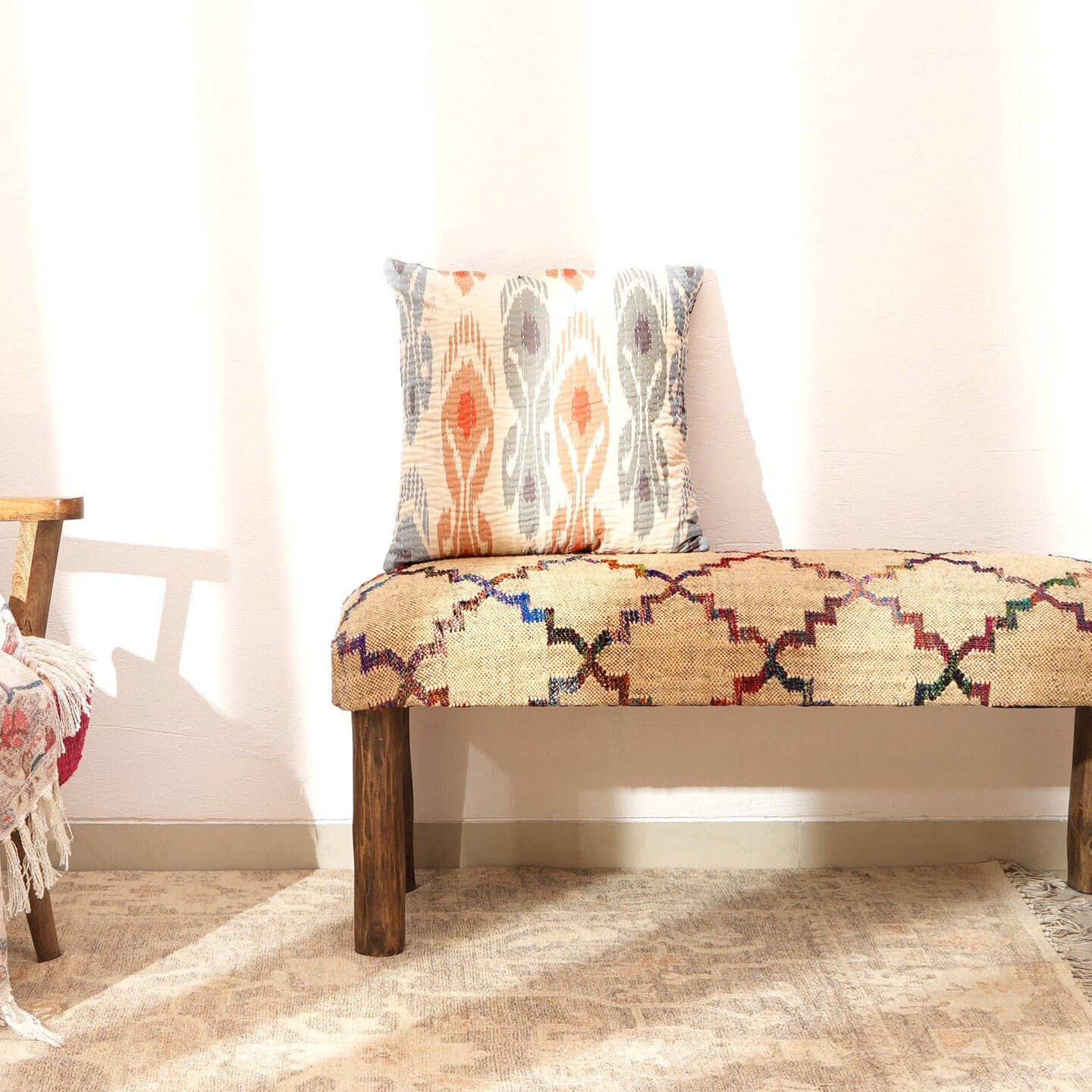 Decorative Jute Fabric Upholstered Multicolor Bench - 45 X 14 X 18&#x22;
