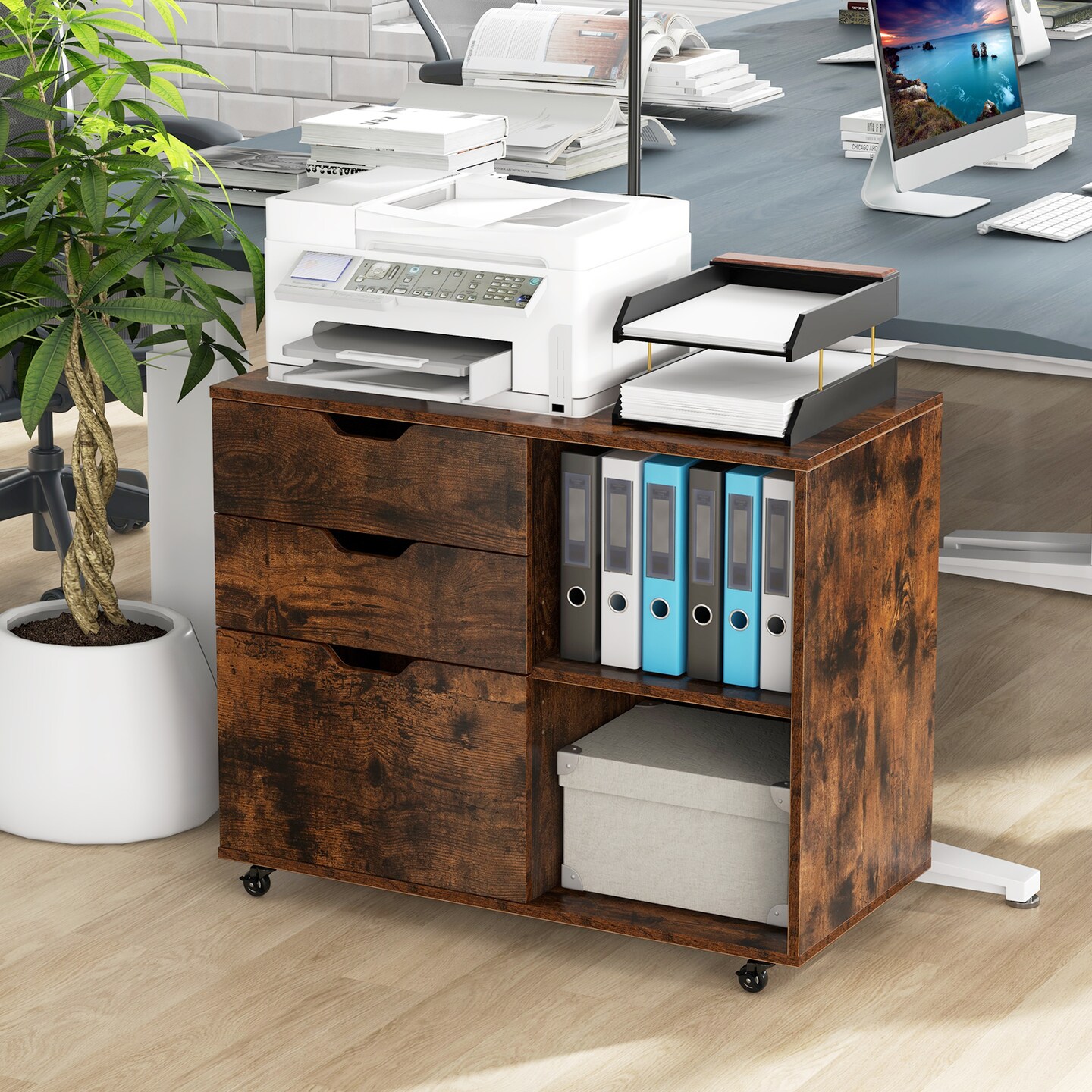 Modern Mobile File Storage Cabinet with Large Tabletop 3 Drawers and Smooth Rolling Wheels