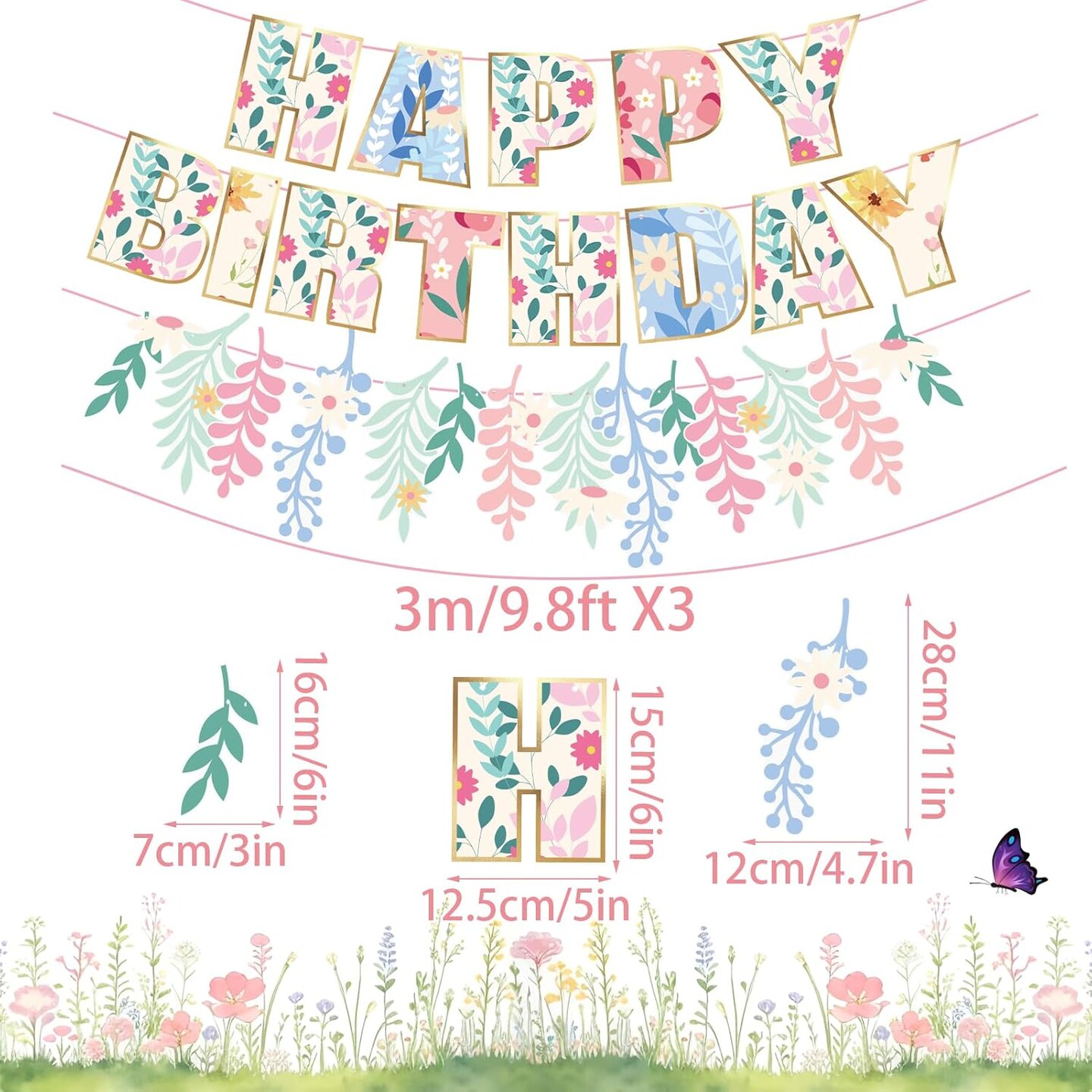 3PCS Wildflower Happy Birthday Banner Pre-strung No DIY Floral Flower Theme Birthday Banner Spring Happy Birthday Banner Flower Banner Garland for Girls Women
