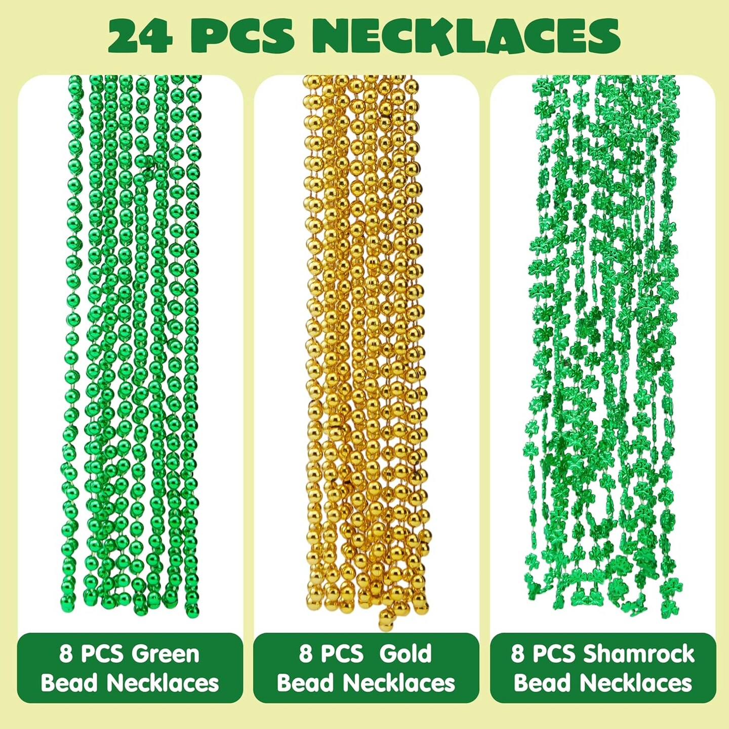 24 PCS St. Patrick’s Day Necklace Set, 8 Green and 8 Gold Bead Necklaces and 8 Green Shamrock Bead Necklaces, St Patrick Accessory Set, Irish Carnival Dress Up Party Favor Supplies
