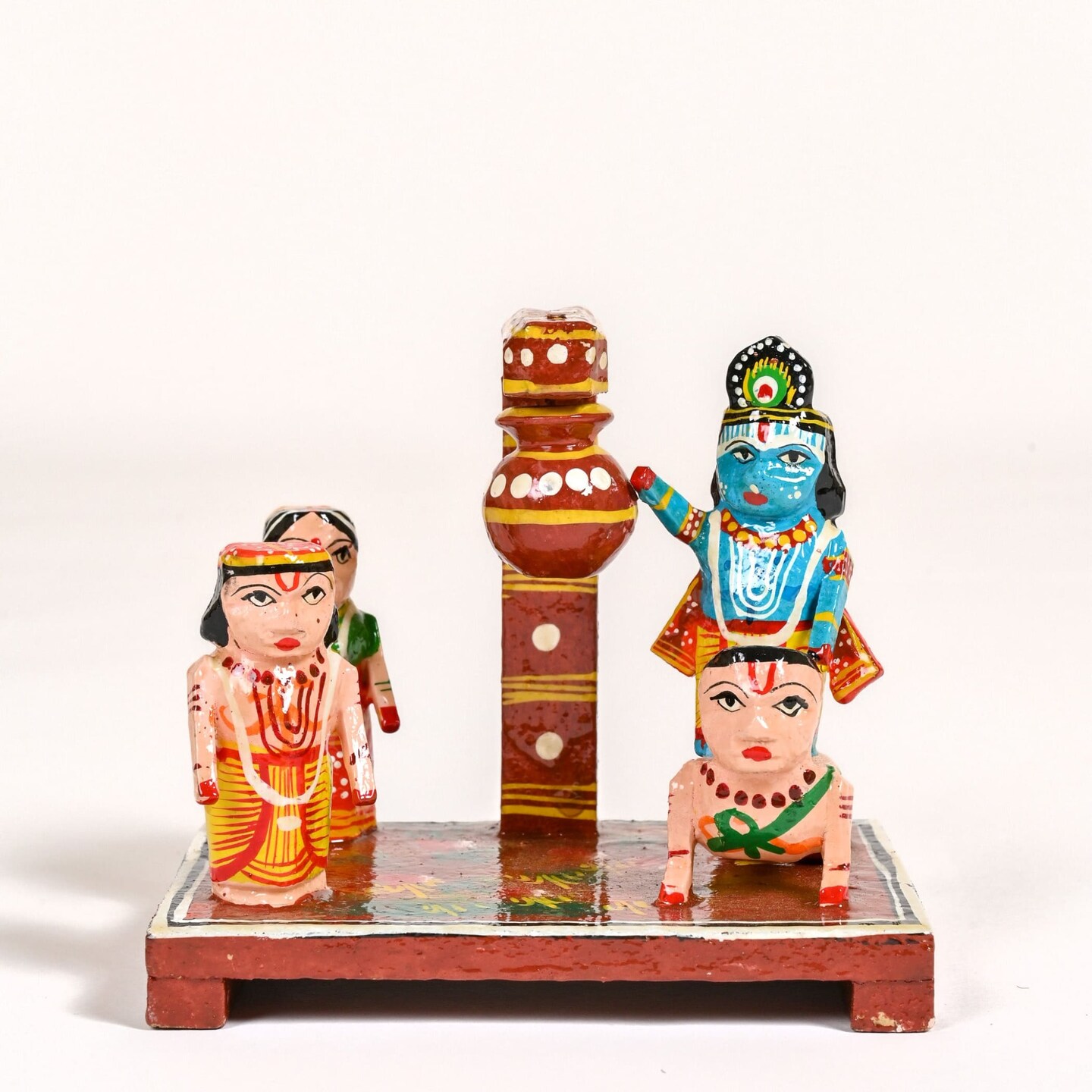 Wooden Krishna Makhan Chor Leela for Janmashtmi Golu Decoration Handpainted Kondapalli Krishna Set Show-piece for Home Temple Shelf Display Table Decor Gifting Item