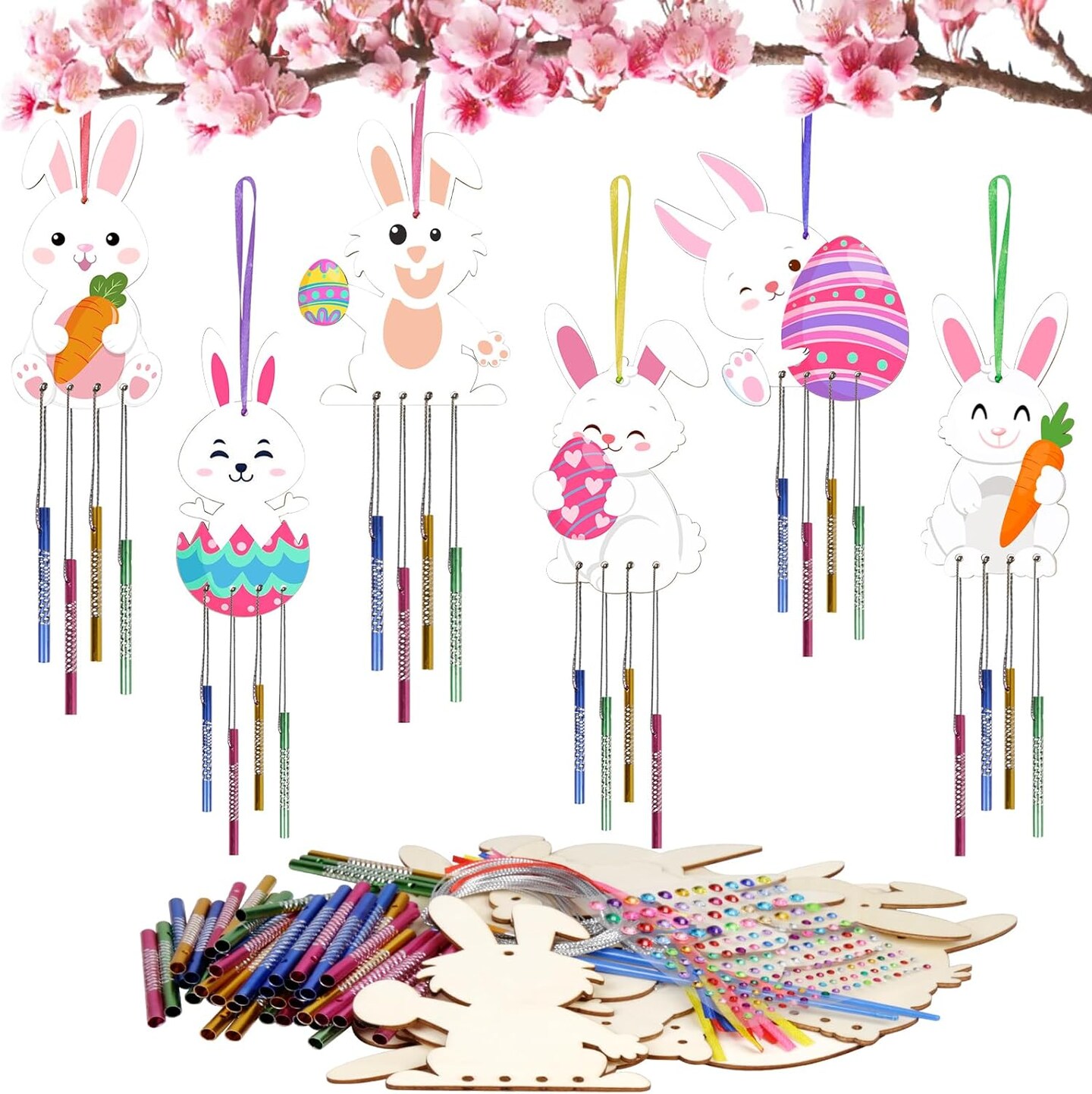 24 Pack Bunny Wind Chime Kit for Kids Make You Own Easter Rabbit Wind Chimes DIY