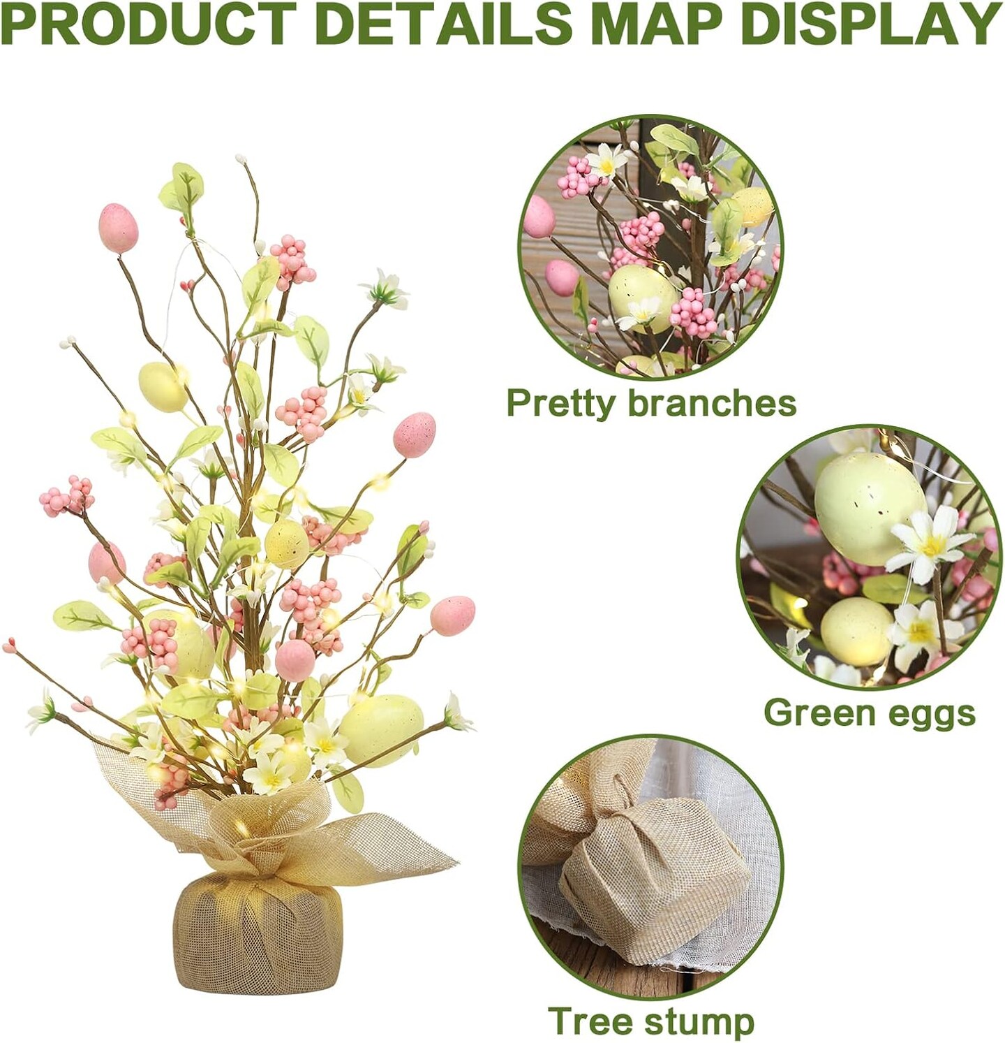 Easter Decorations, 18 Inch Pre-Lit Easter Egg Tree Tabletop Decor with Delicate Ornaments