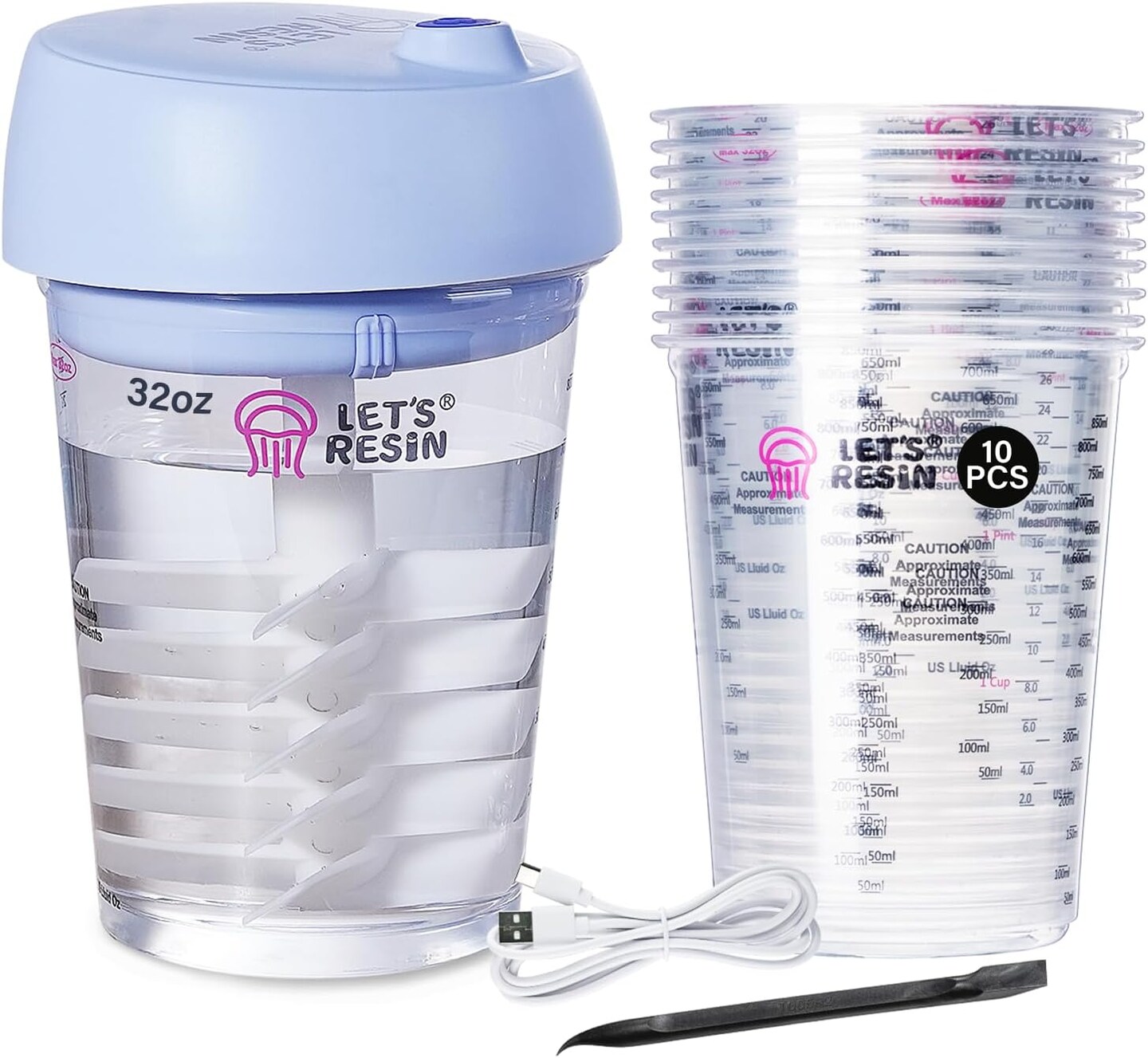 LET&#x27;S RESIN Auto Resin Mixer, Hands-Free Easy Clean Epoxy Mixer, Electric Stirrer for 24Fl.oz Mixing, Resin Supplies for Resin Casting, Molds, Soap Making(10pcs 32oz Mixing Cups) Blue